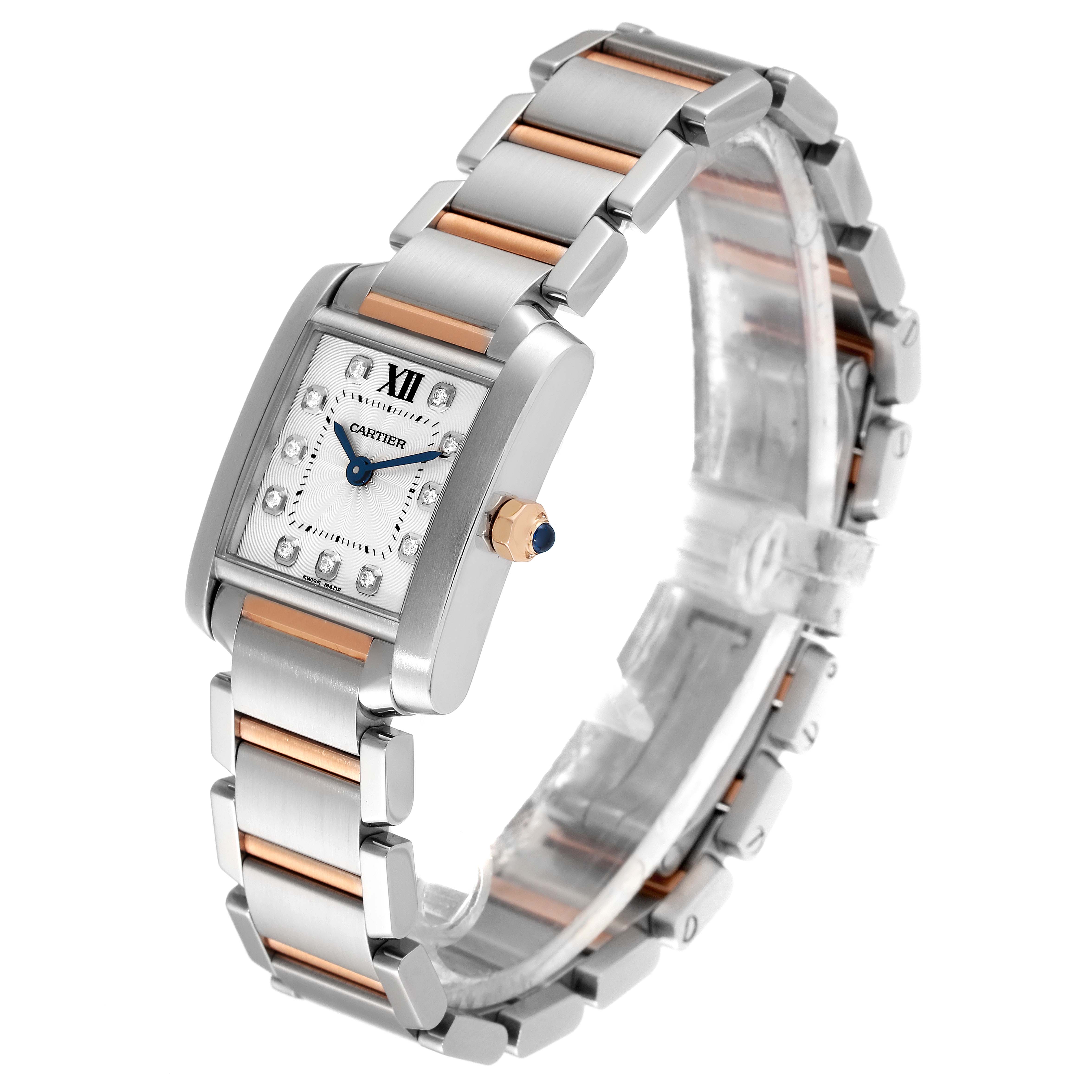 The image shows a Cartier Tank Française watch at a three-quarter angle, highlighting the face, bracelet, and crown.