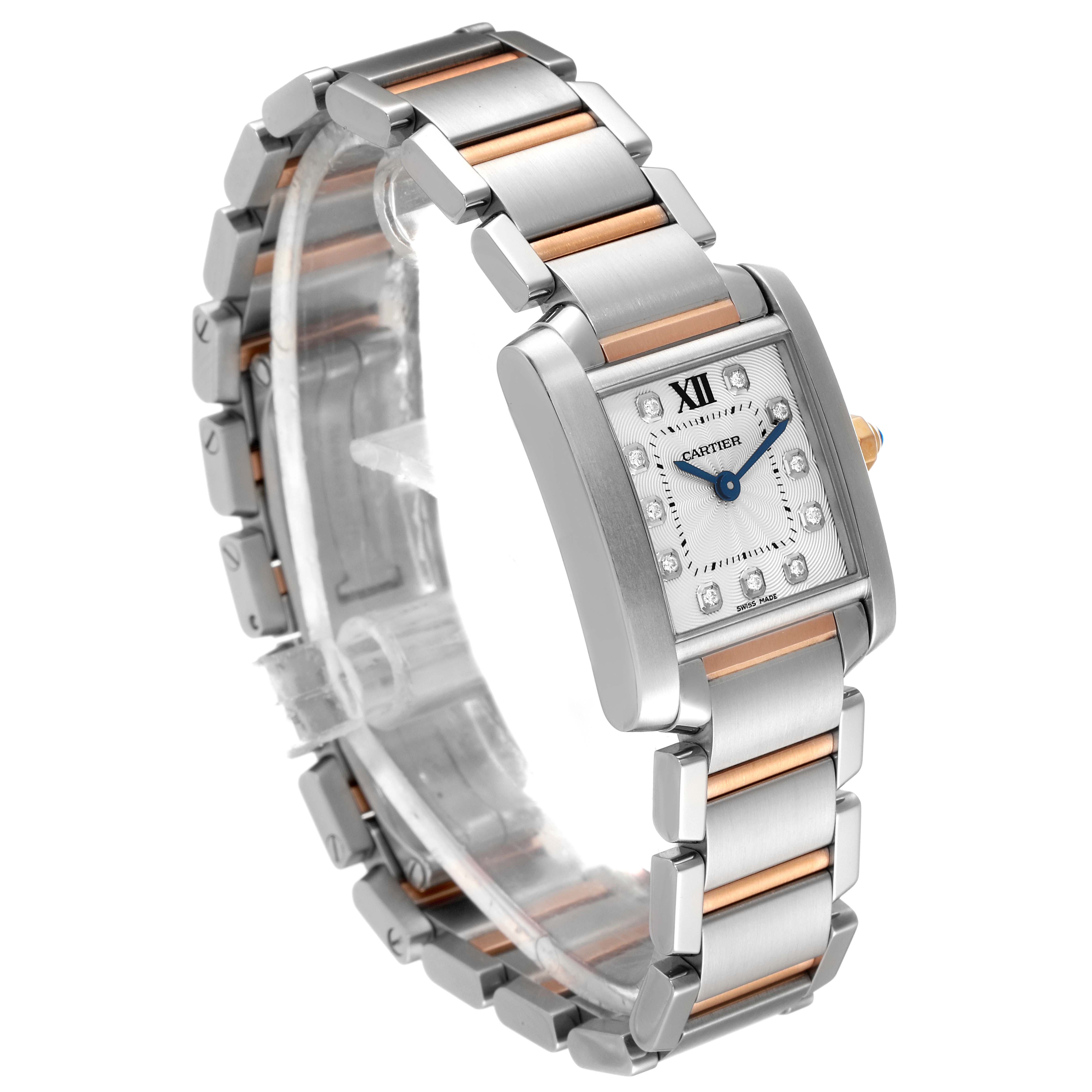 The image shows a Cartier Tank Francaise WE110004 Women's Steel and Gold (two tone) Silver Dial WE110004 Women's Steel and Gold (two tone) Silver Dial watch at a three-quarter angle, highlighting its metal bracelet and rectangular face.