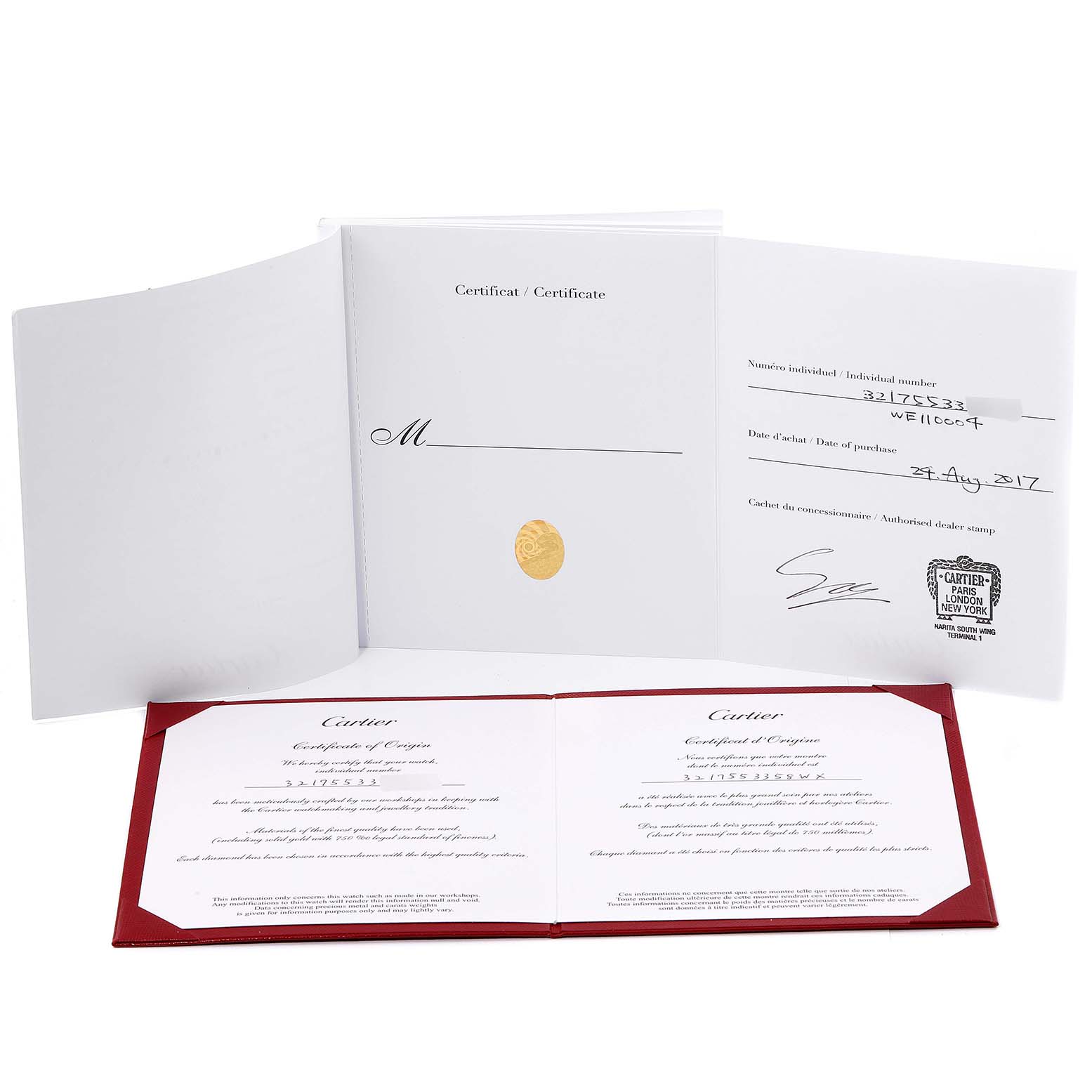 The image shows the warranty and certificate of origin documents for a Cartier Tank Française watch.