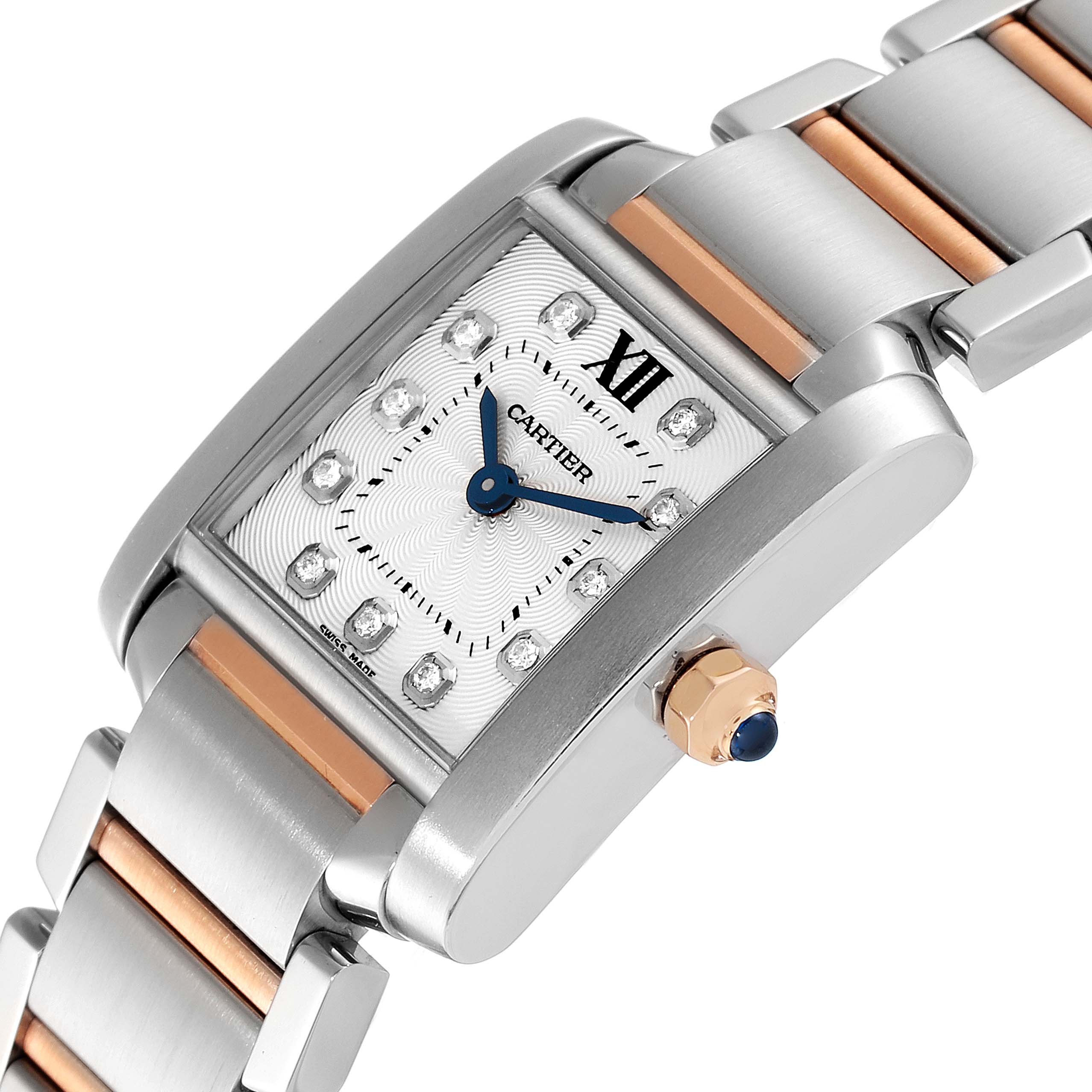 This image shows a close-up angle of the face and part of the band of a Cartier Tank Francaise WE110004 Women's Steel and Gold (two tone) Silver Dial WE110004 Women's Steel and Gold (two tone) Silver Dial watch.