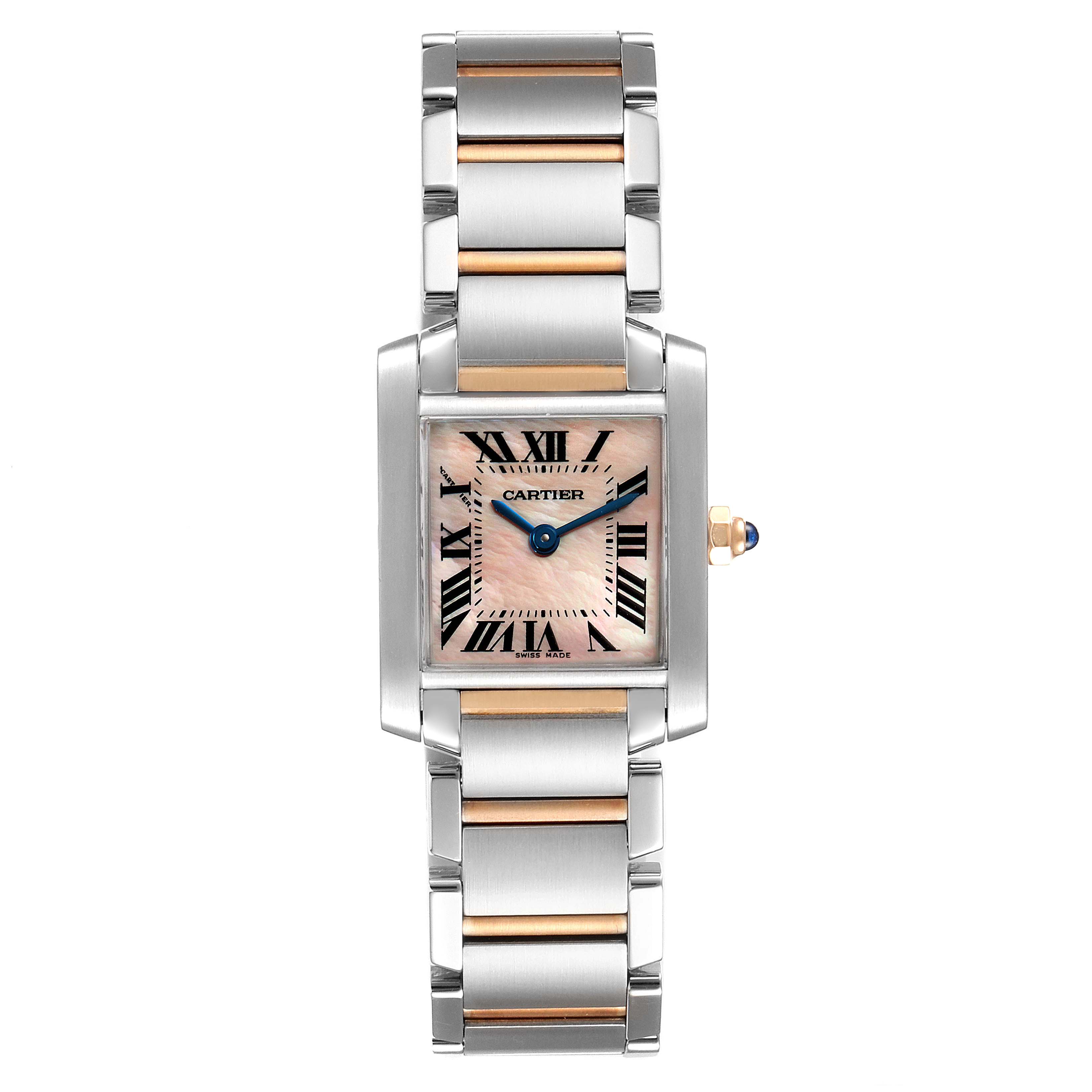 The Cartier Tank Francaise W51027Q4 Women's Steel and Gold (two tone) Mother of Pearl Dial W51027Q4 Women's Steel and Gold (two tone) Mother of Pearl Dial watch is shown from a top-down angle, highlighting its rectangular face, bracelet, and iconic Roman numerals.