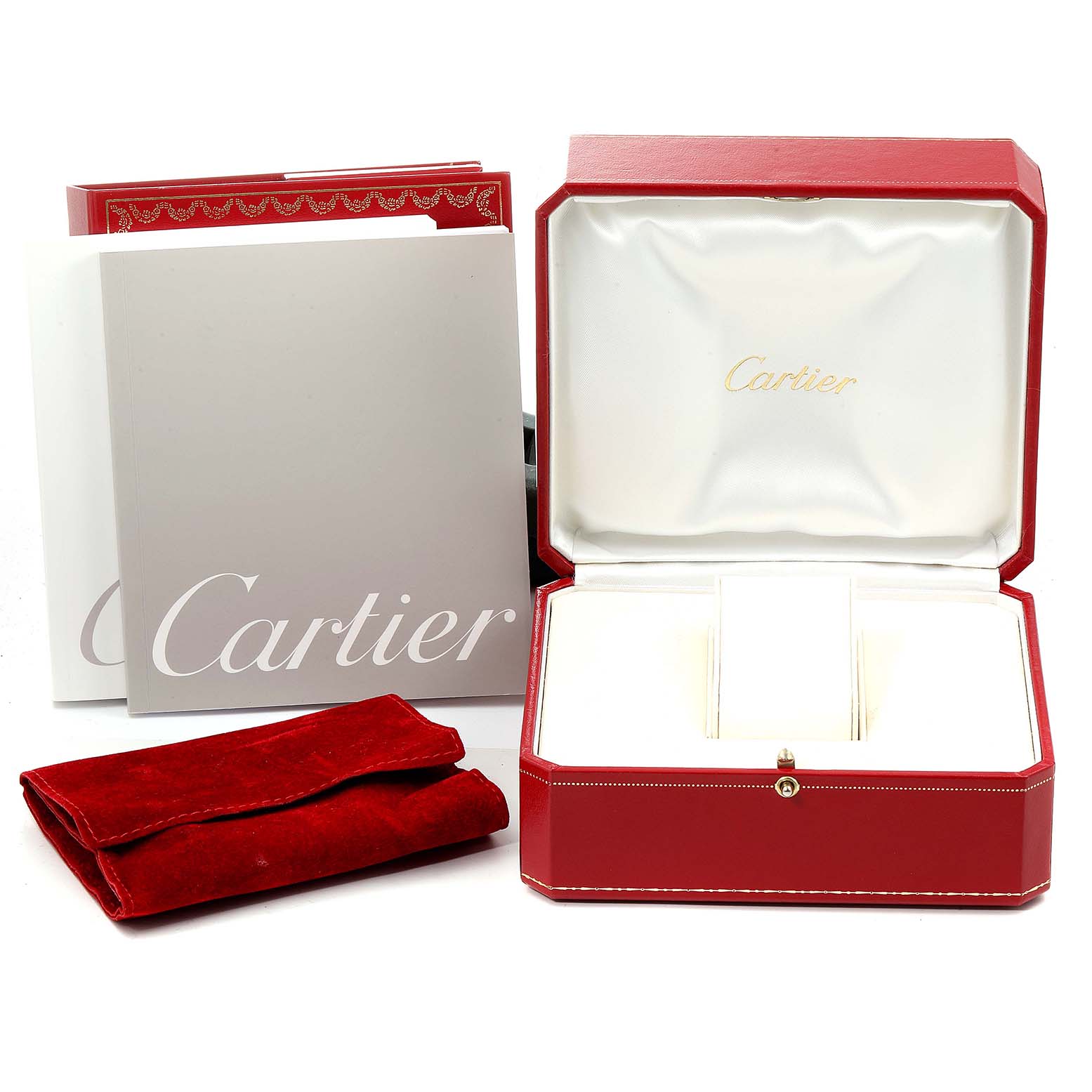 The image shows Cartier Tank Francaise W51027Q4 Women's Steel and Gold (two tone) Mother of Pearl Dial W51027Q4 Women's Steel and Gold (two tone) Mother of Pearl Dial accessories including a red box, a red pouch, and booklets from a front angle.