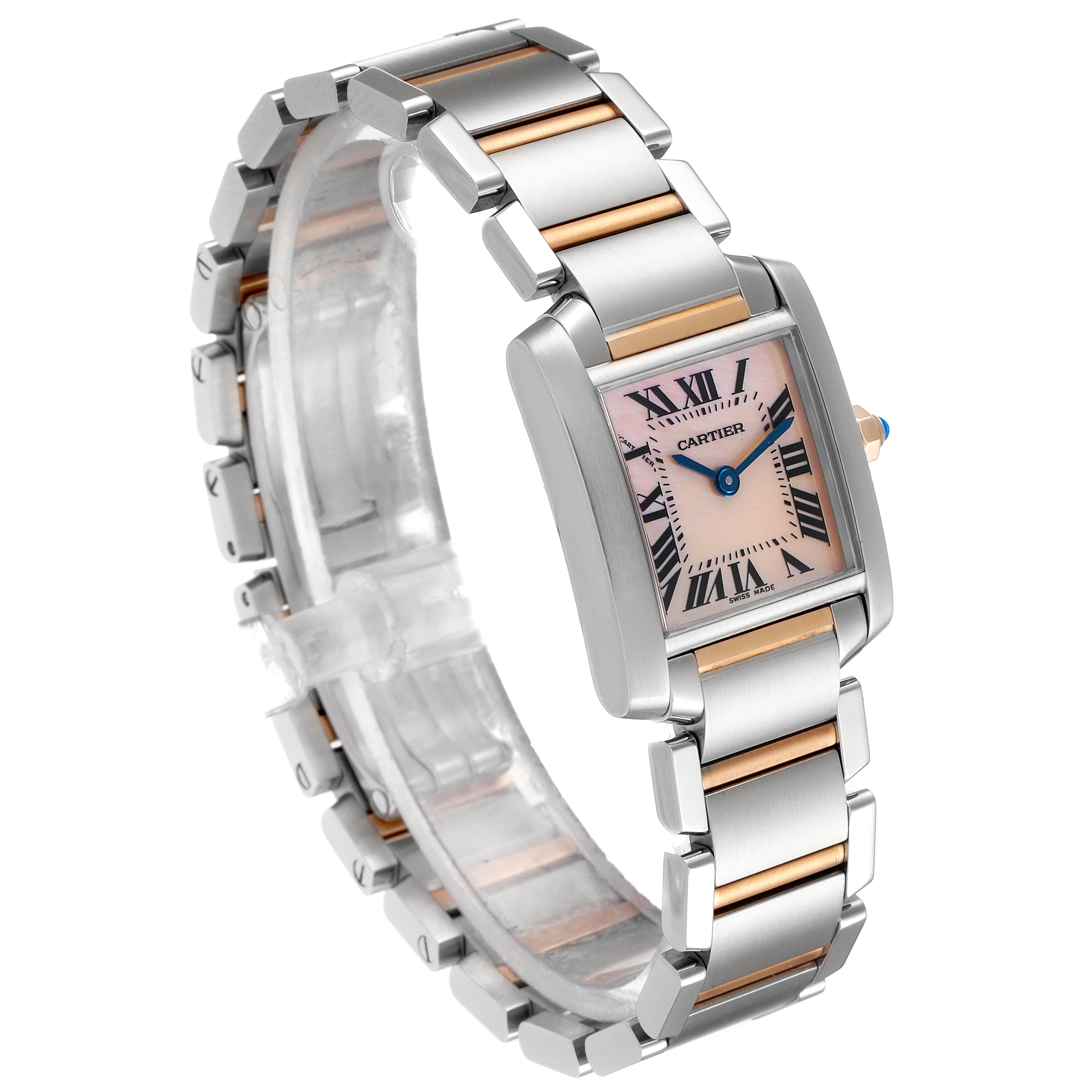 The Cartier Tank Francaise W51027Q4 Women's Steel and Gold (two tone) Mother of Pearl Dial W51027Q4 Women's Steel and Gold (two tone) Mother of Pearl Dial watch is shown at an angle, featuring its bracelet, rectangular dial, and signature blue hands.