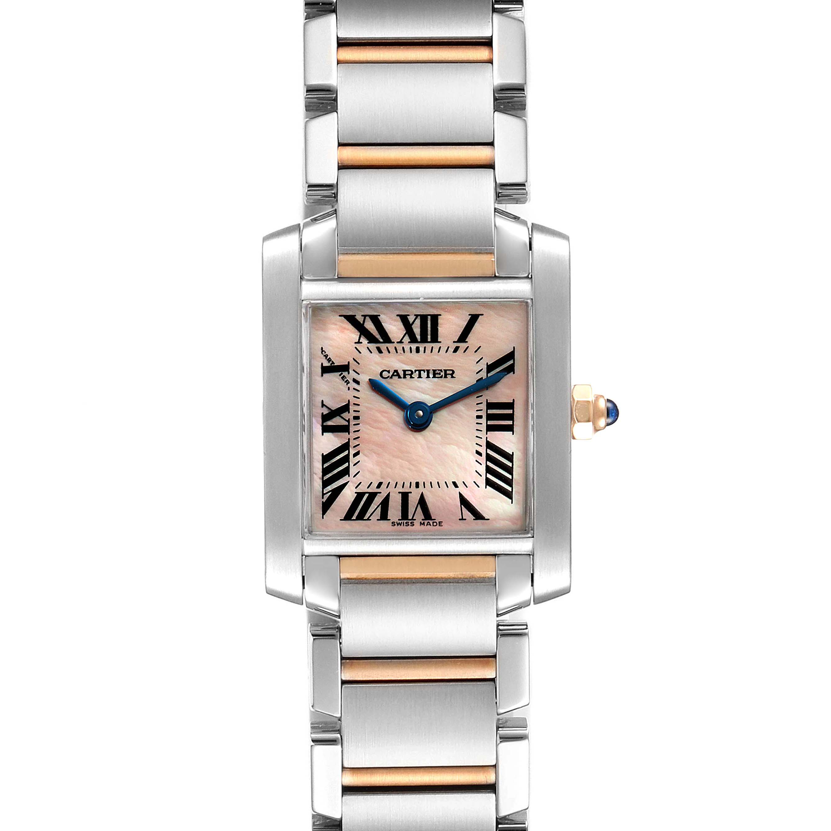 This is a front view of the Cartier Tank Francaise W51027Q4 Women's Steel and Gold (two tone) Mother of Pearl Dial W51027Q4 Women's Steel and Gold (two tone) Mother of Pearl Dial watch, showcasing its face, bracelet, and crown with a blue cabochon.