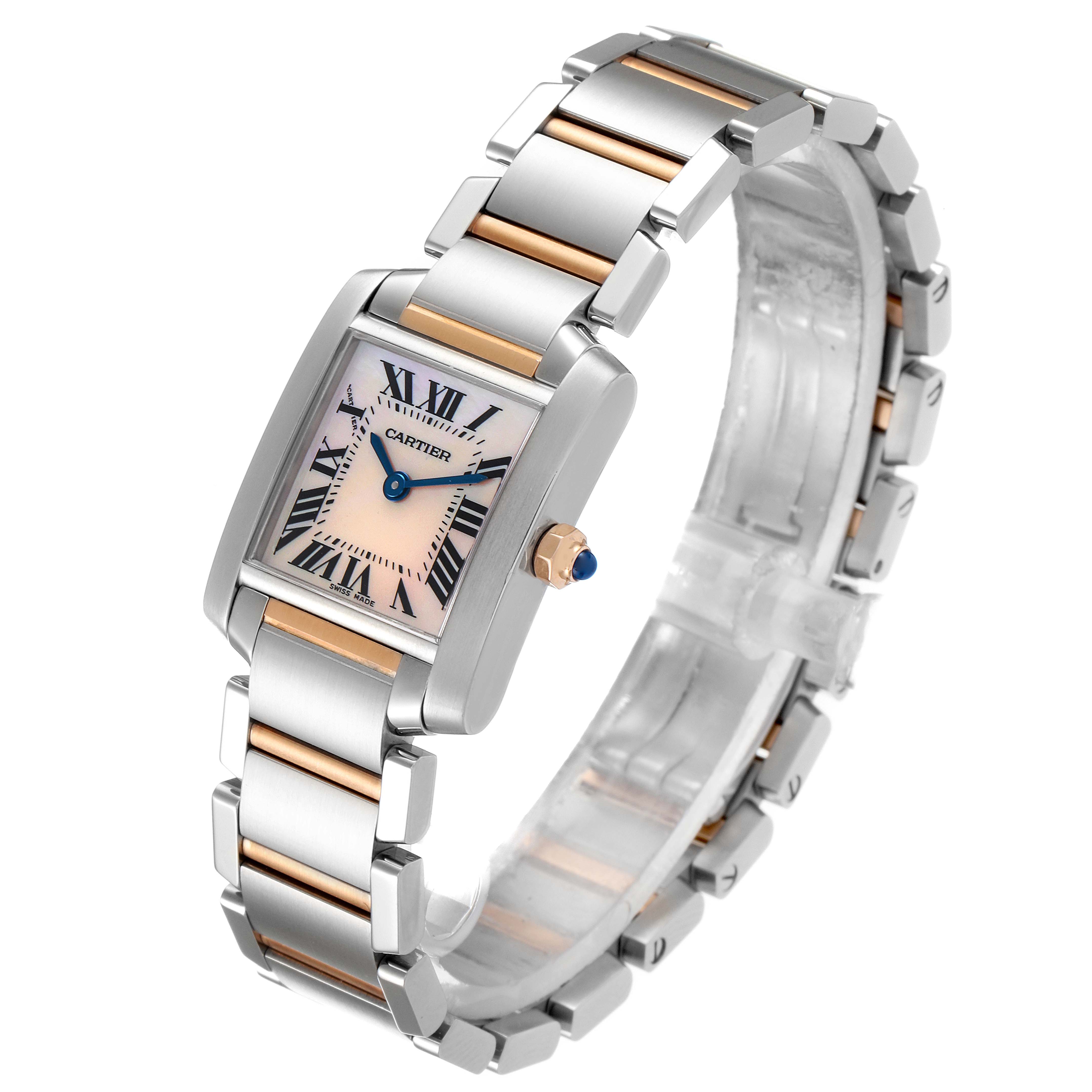 The image shows a Cartier Tank Française watch at a slight angle, displaying its face, bracelet, and side profile.