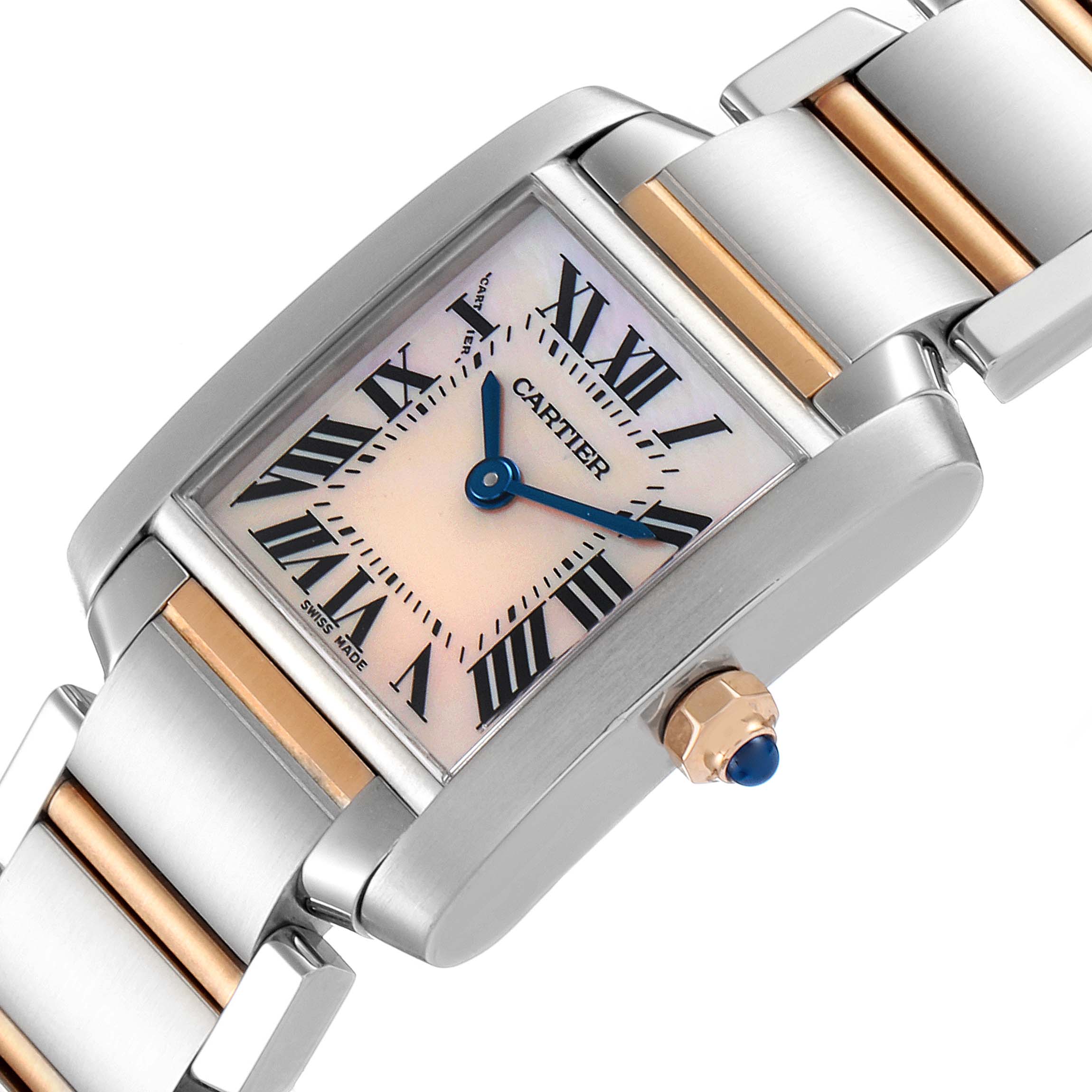 This image shows a Cartier Tank Francaise W51027Q4 Women's Steel and Gold (two tone) Mother of Pearl Dial W51027Q4 Women's Steel and Gold (two tone) Mother of Pearl Dial watch from an angled view, highlighting the face, bracelet, and crown.