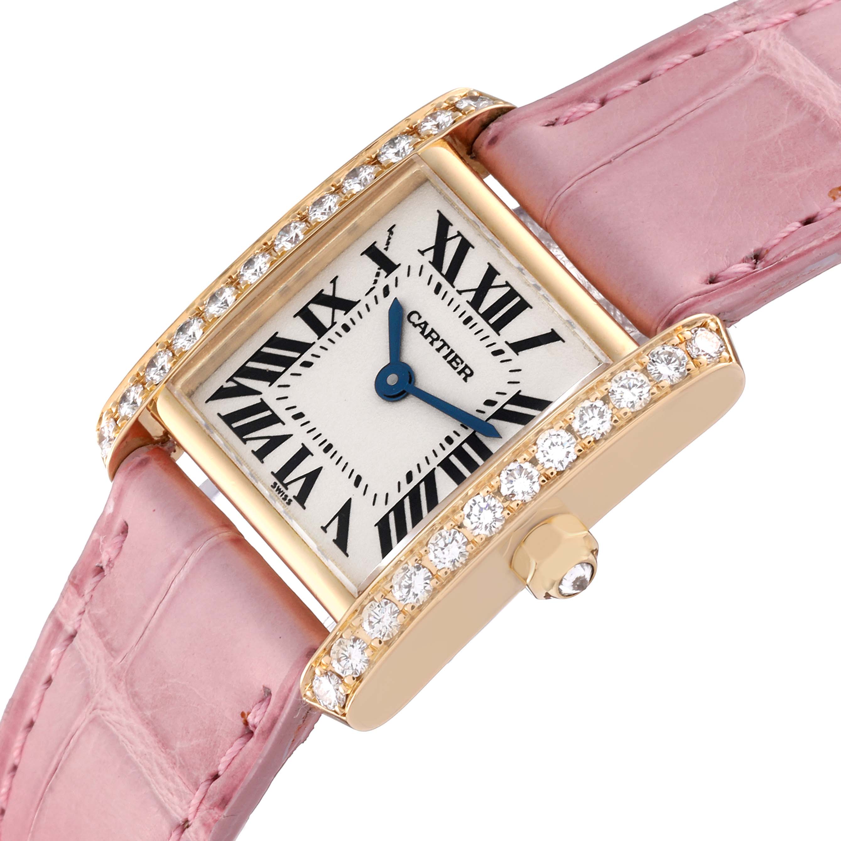 The image shows a Cartier Tank Francaise WE100151 Women's Yellow Gold Silver Dial WE100151 Women's Yellow Gold Silver Dial watch at an angled view, highlighting its pink strap, diamond-encrusted bezel, and Roman numeral dial.