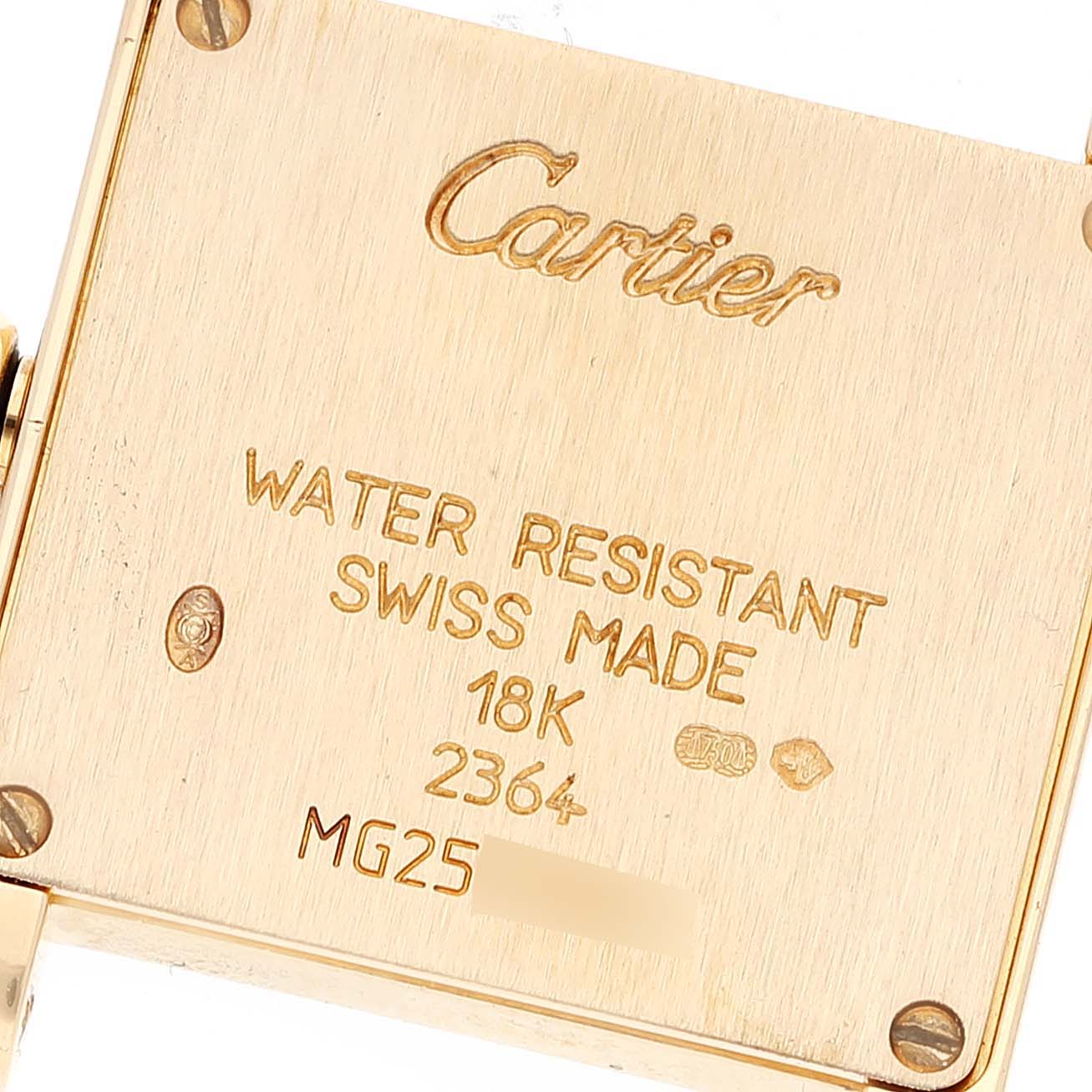 This image shows the back case of a Cartier Tank Francaise WE100151 Women's Yellow Gold Silver Dial WE100151 Women's Yellow Gold Silver Dial watch, displaying brand markings and specifications.