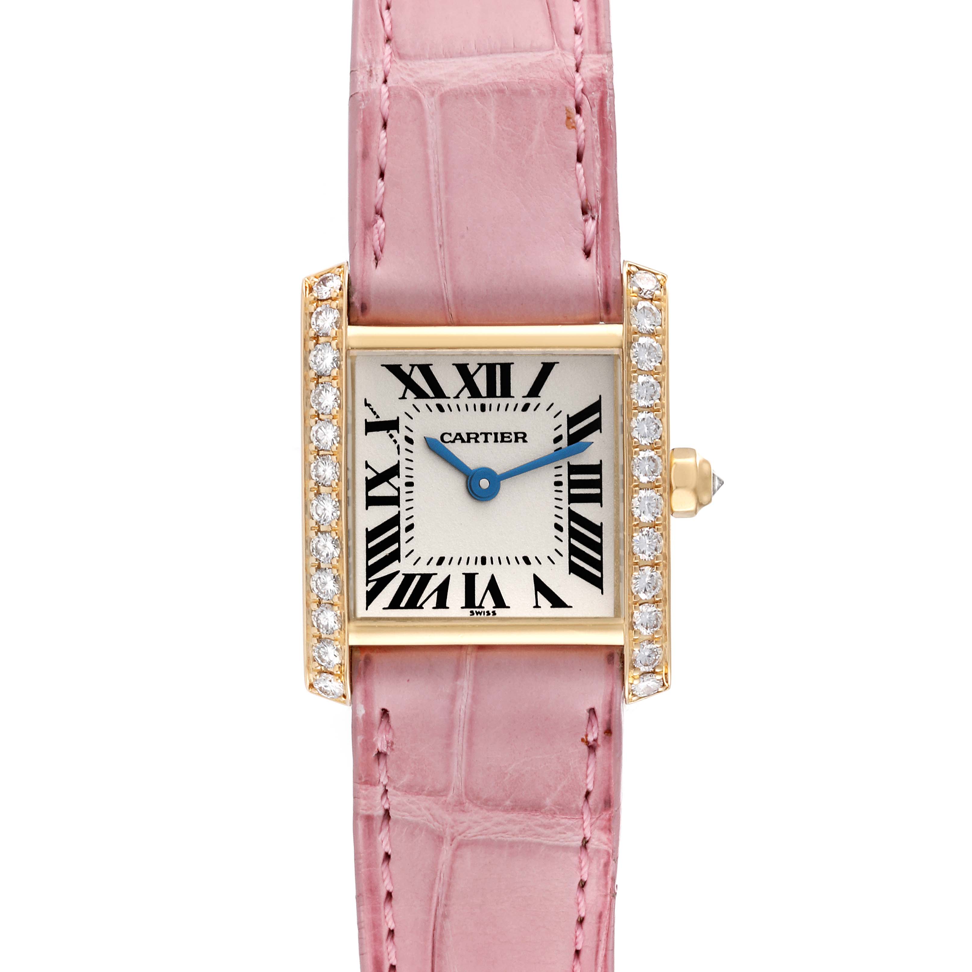 This Cartier Tank Francaise WE100151 Women's Yellow Gold Silver Dial WE100151 Women's Yellow Gold Silver Dial watch is shown from a front angle, highlighting its pink strap and diamond-embellished bezel.