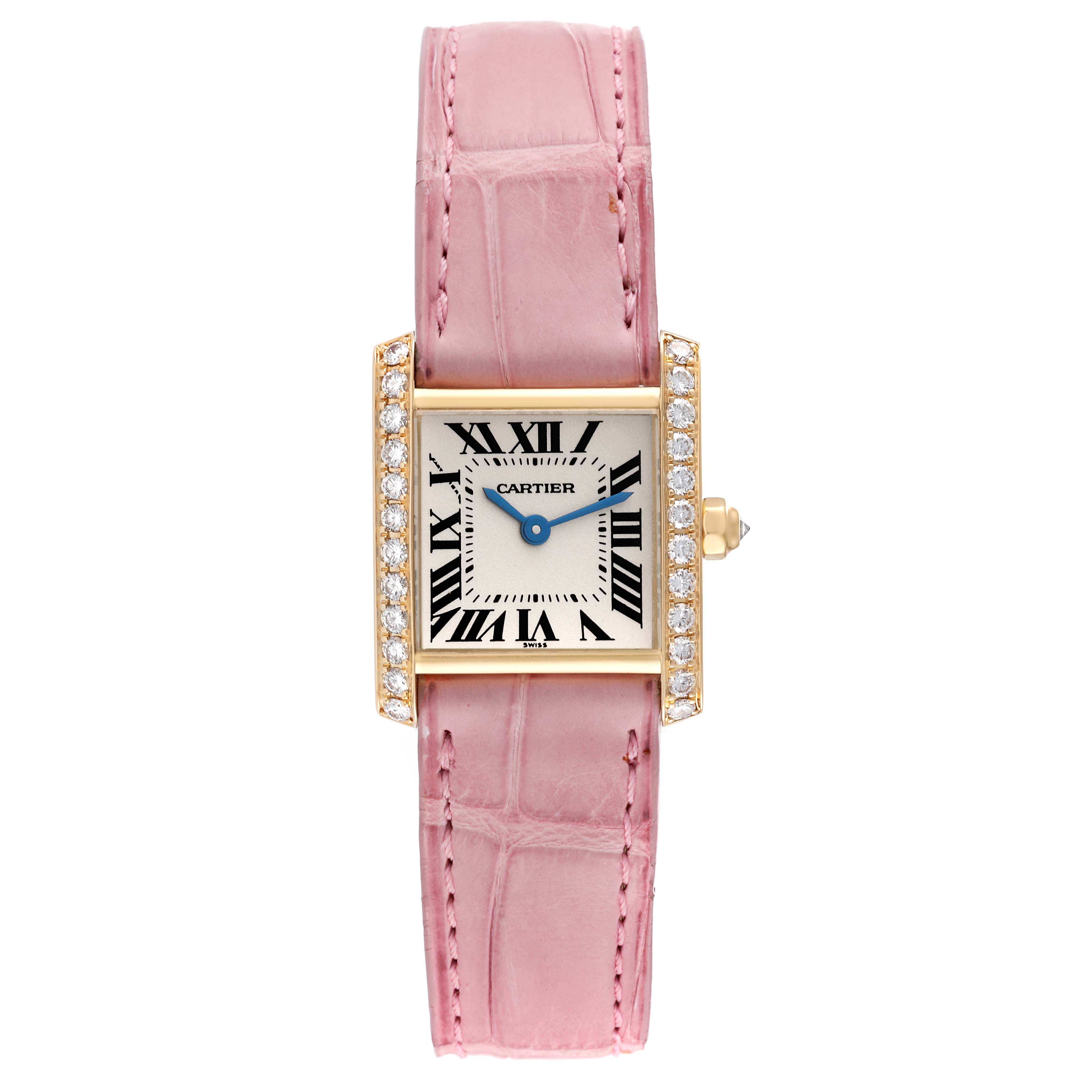 The Cartier Tank Francaise WE100151 Women's Yellow Gold Silver Dial WE100151 Women's Yellow Gold Silver Dial watch is shown from a top-down angle, featuring a pink leather strap, a square face with Roman numerals, and diamond accents.