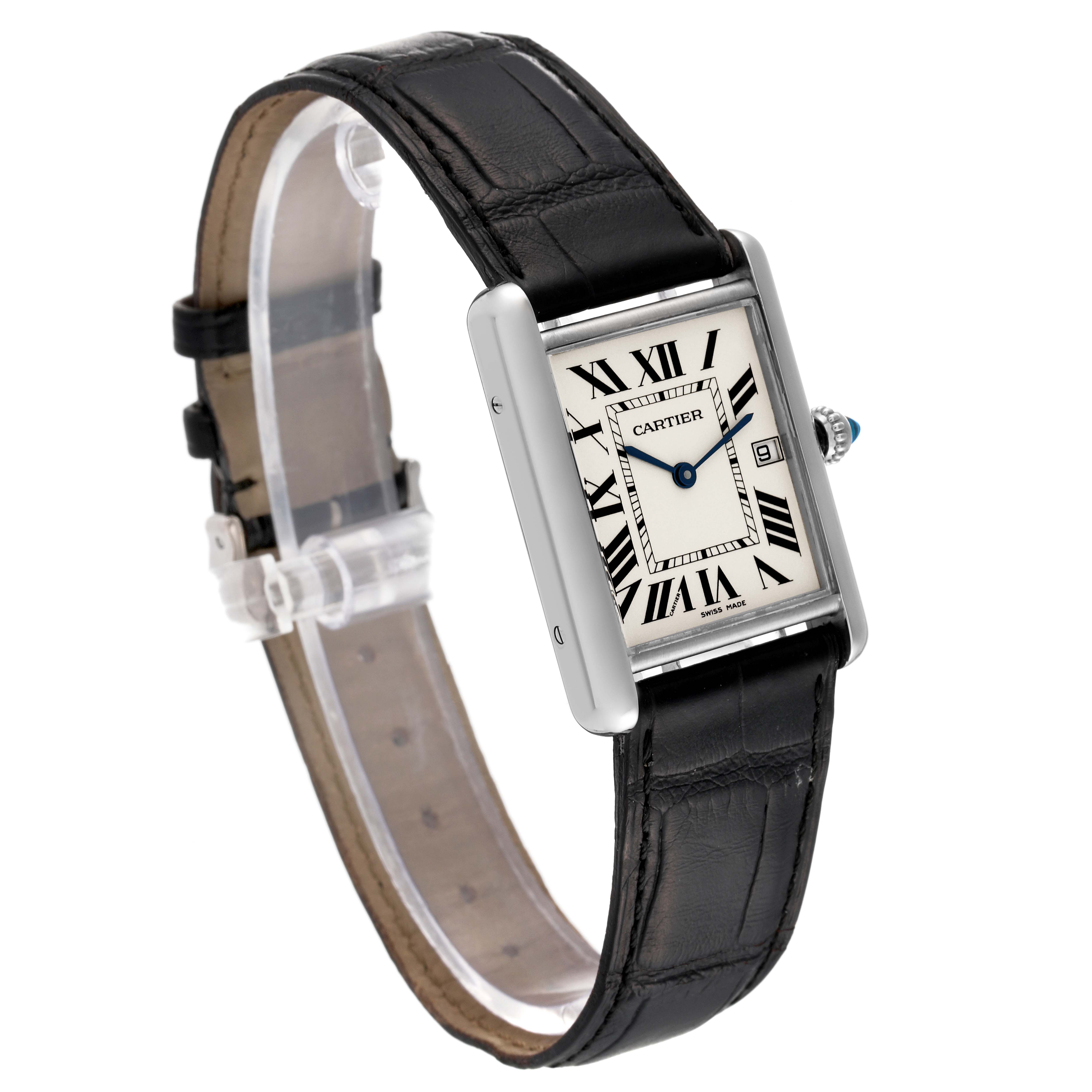 The Cartier Tank Louis W1540956 Men's White Gold Silver Dial W1540956 Men's White Gold Silver Dial watch is shown at an angled view, displaying its rectangular face, Roman numeral dial, and black leather strap.