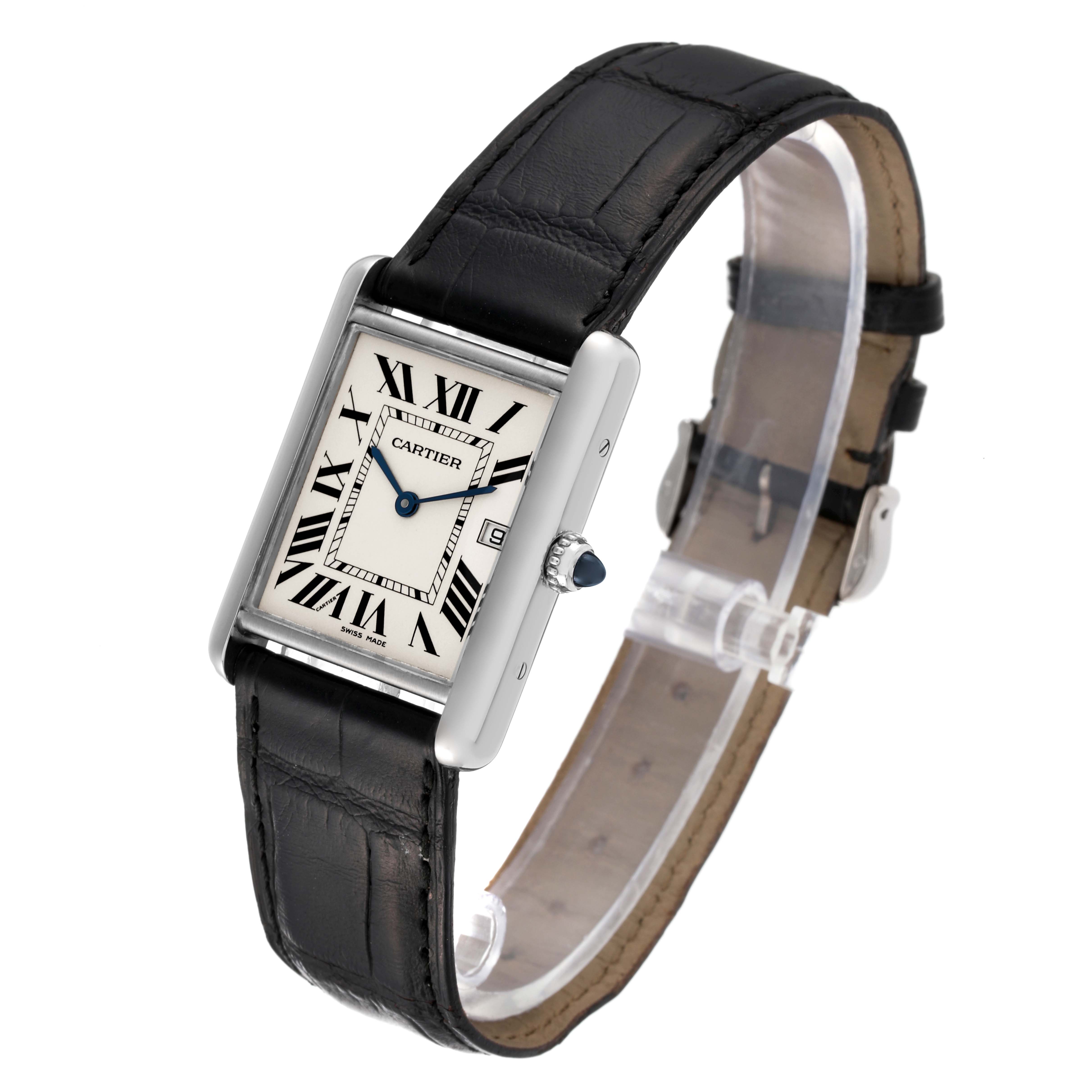The image shows a Tank Louis model by Cartier, viewed at a three-quarter angle, highlighting the face and black leather strap.