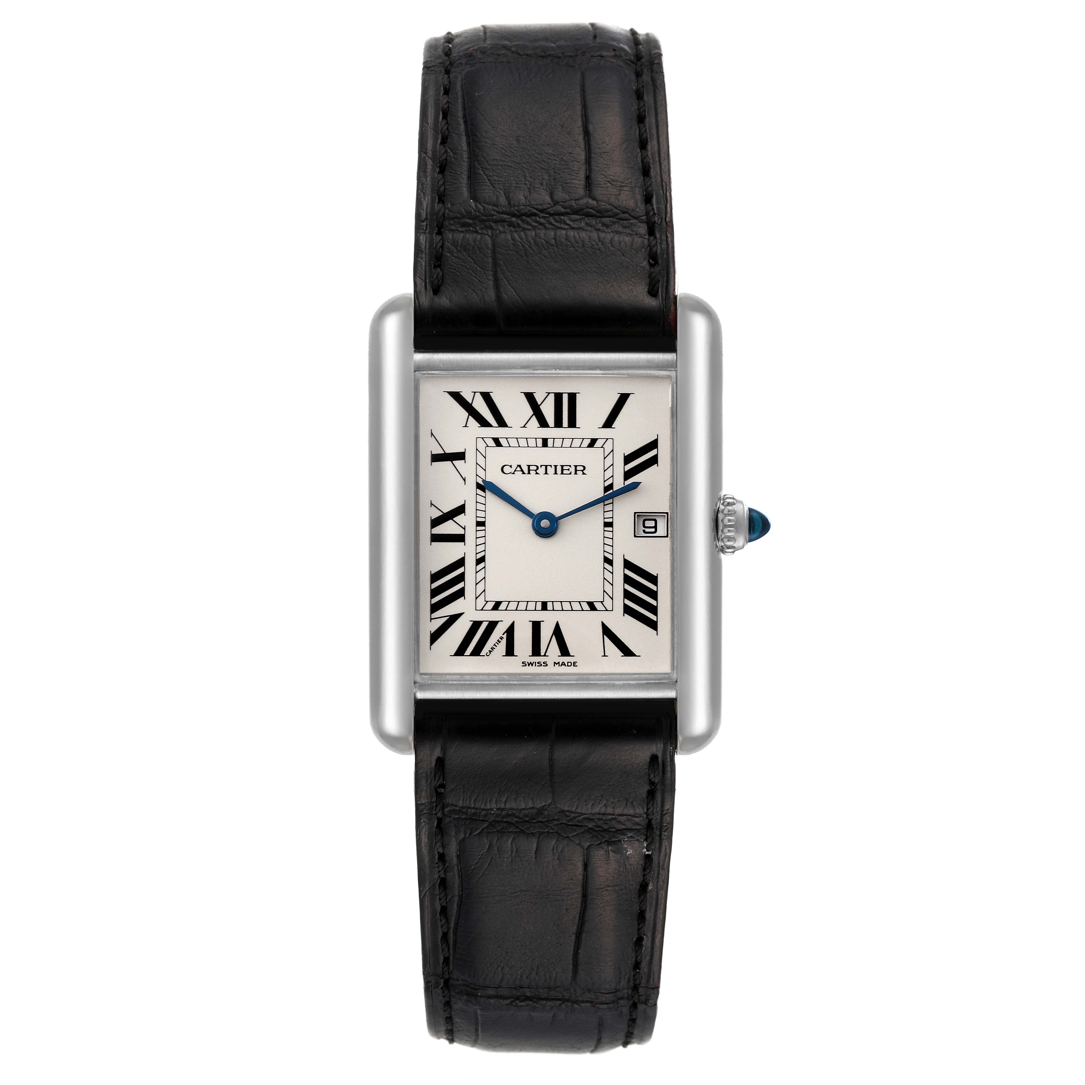 The image shows a front view of the Cartier Tank Louis W1540956 Men's White Gold Silver Dial W1540956 Men's White Gold Silver Dial watch, featuring its black leather strap and rectangular dial.