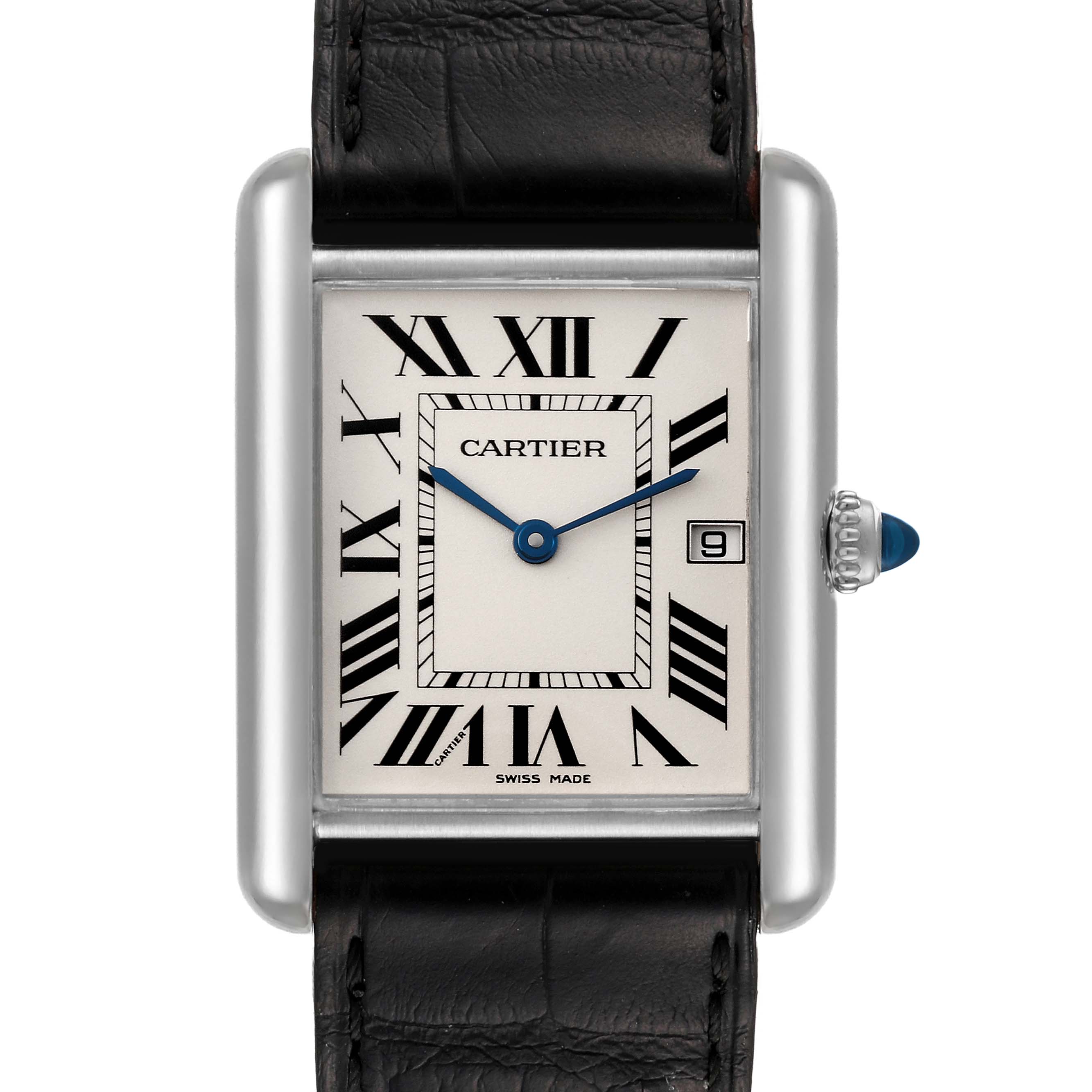 The image shows a front view of a Cartier Tank Louis W1540956 Men's White Gold Silver Dial W1540956 Men's White Gold Silver Dial watch displaying its face, roman numerals, hands, date window, and leather strap.