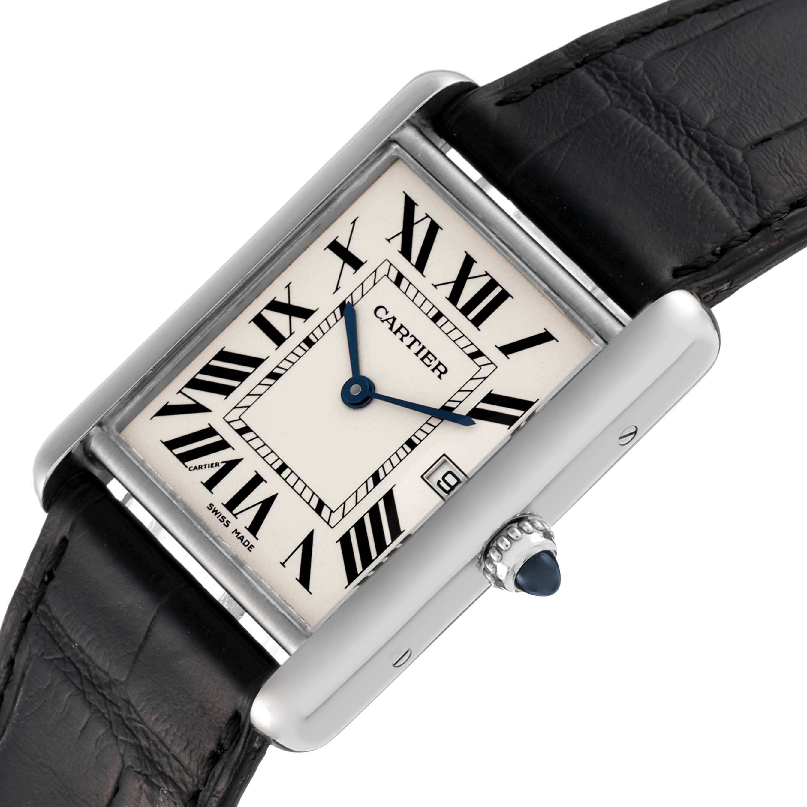 This image shows a Cartier Tank Louis W1540956 Men's White Gold Silver Dial W1540956 Men's White Gold Silver Dial model watch from a front angle and part of the leather strap.