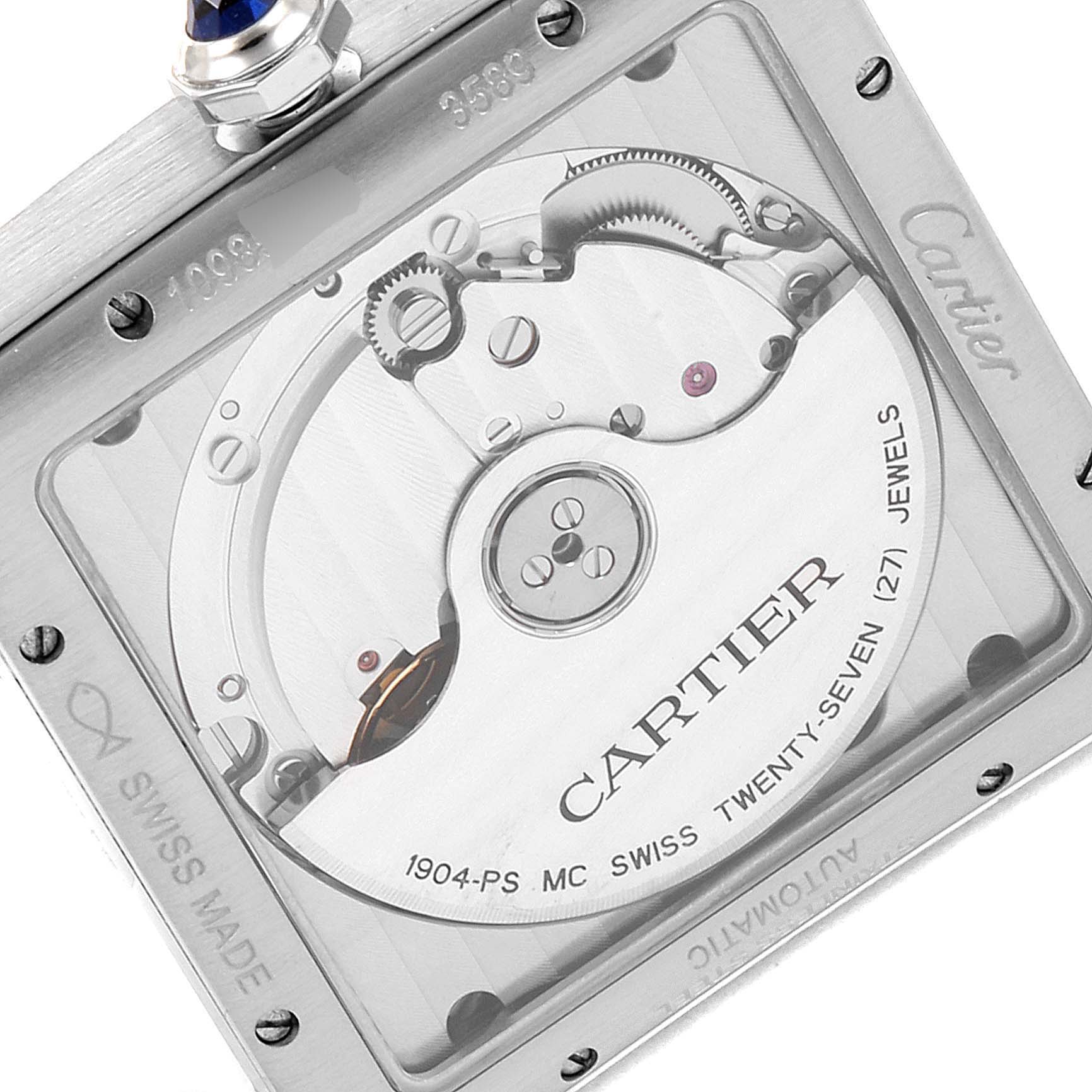 This image shows the rear view of the Cartier Tank MC W5330003 Men's Stainless Steel Silver Dial W5330003 Men's Stainless Steel Silver Dial watch, highlighting its internal mechanics and inscriptions.