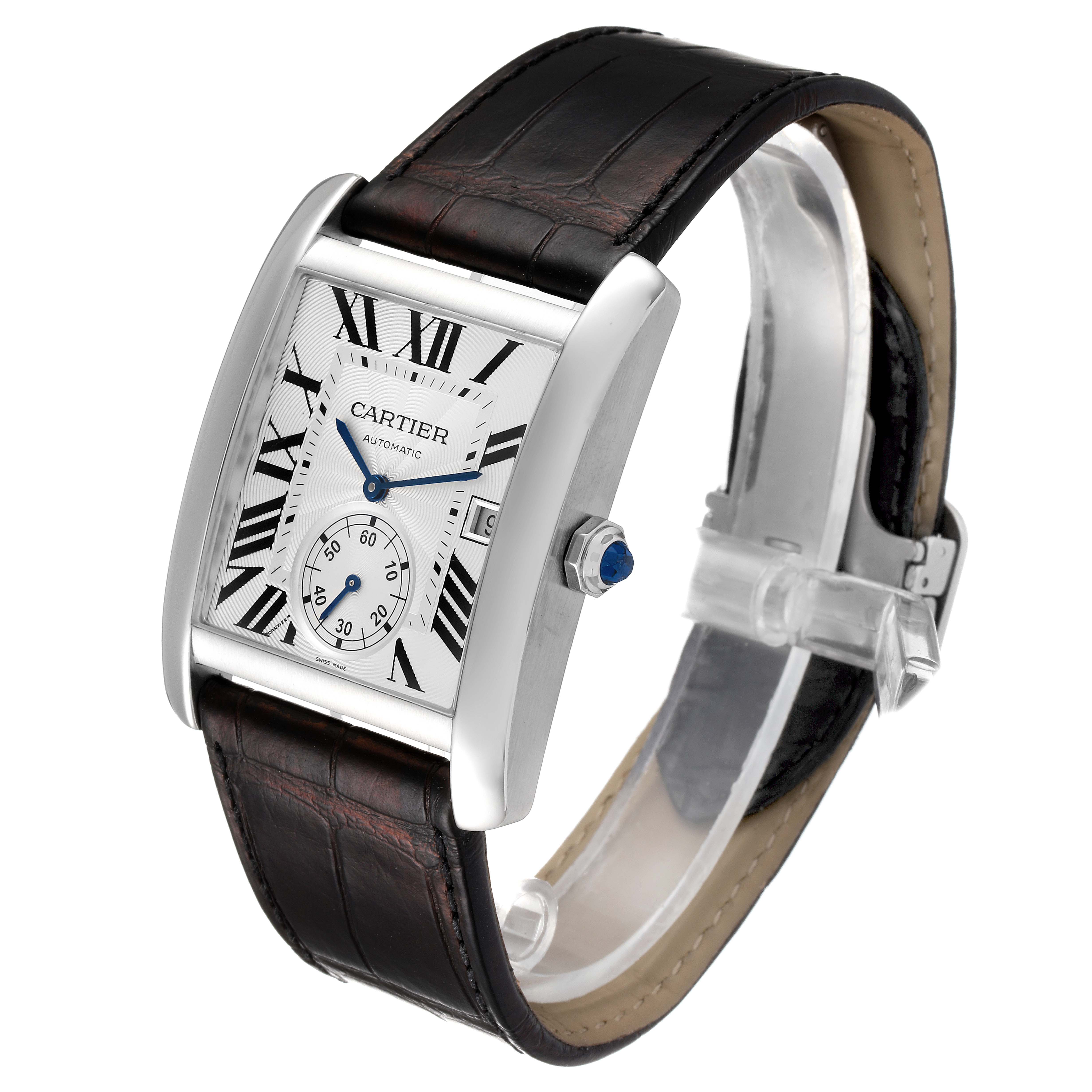 The image shows a Cartier Tank MC W5330003 Men's Stainless Steel Silver Dial W5330003 Men's Stainless Steel Silver Dial watch at a three-quarter angle, displaying its face, crown, and leather strap.