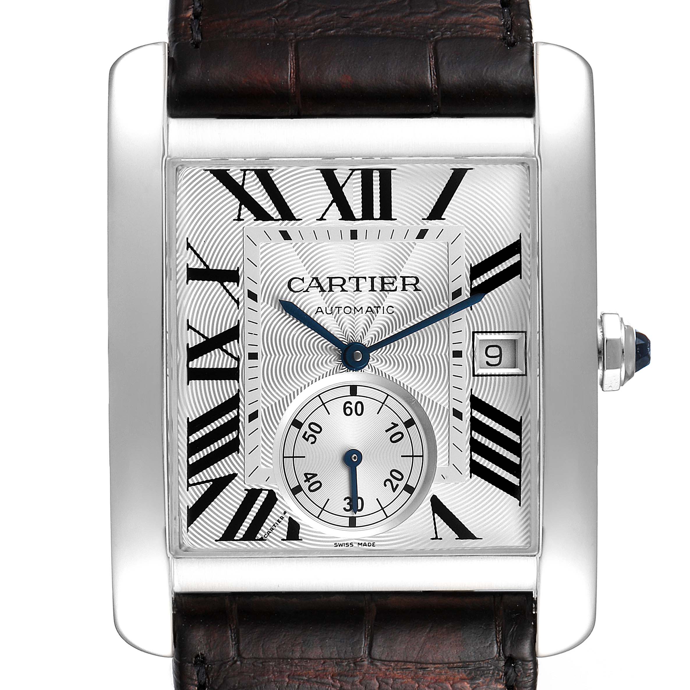 The image shows a front view of the Cartier Tank MC W5330003 Men's Stainless Steel Silver Dial W5330003 Men's Stainless Steel Silver Dial watch, highlighting the face, hands, date display, and a portion of the leather strap.