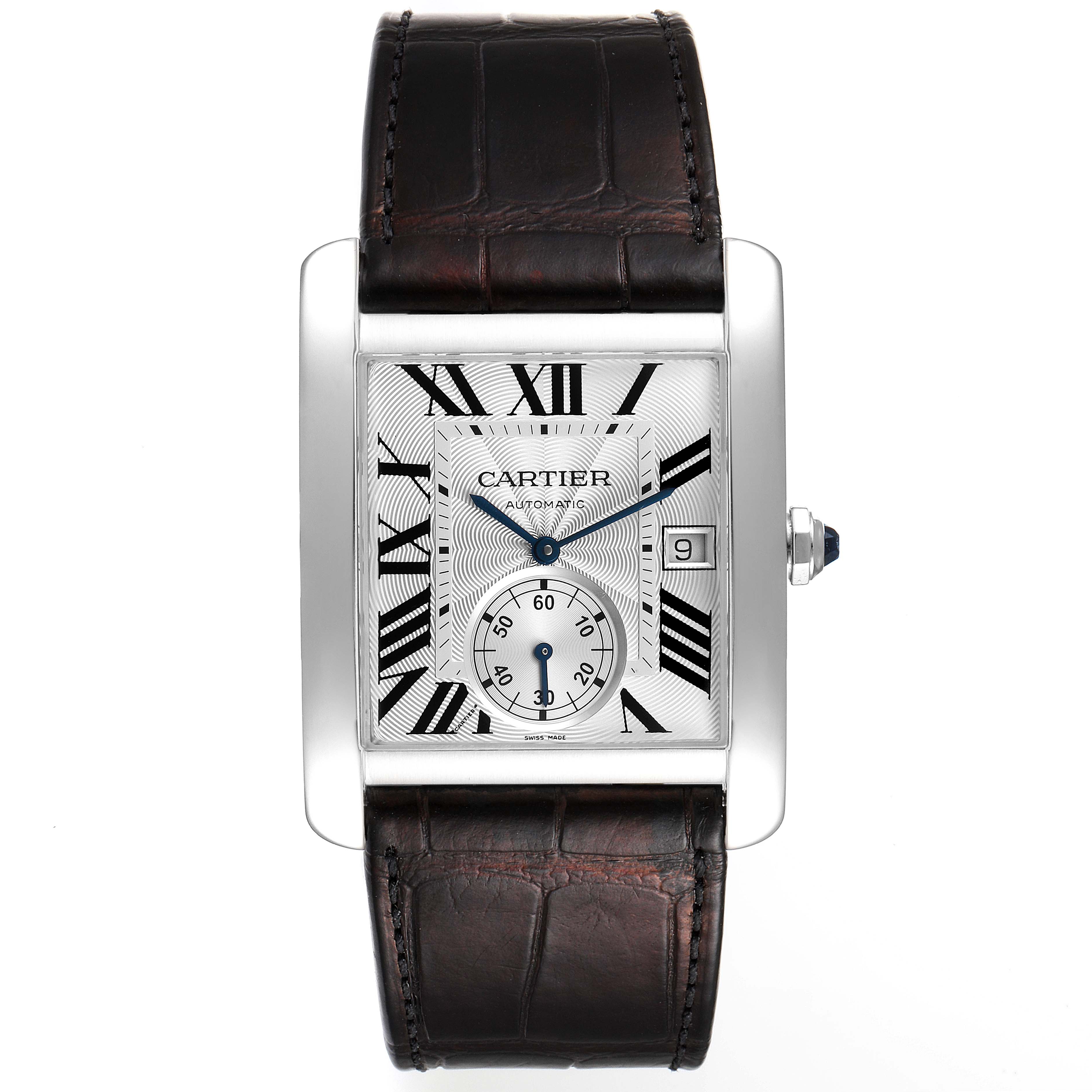 The image shows a head-on view of a Cartier Tank MC W5330003 Men's Stainless Steel Silver Dial W5330003 Men's Stainless Steel Silver Dial watch, displaying its face, bezel, crown, and strap.