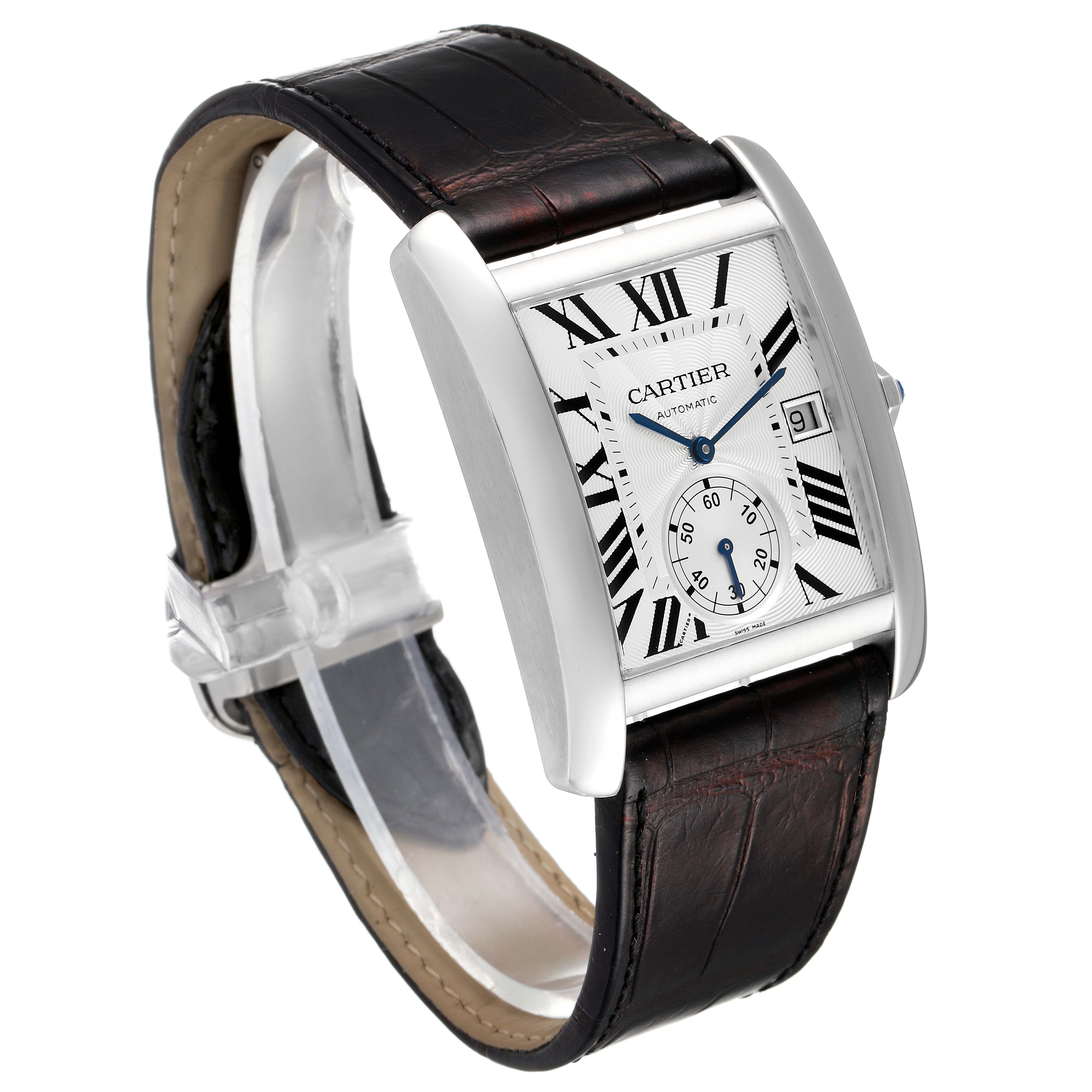 The image shows a Cartier Tank MC W5330003 Men's Stainless Steel Silver Dial W5330003 Men's Stainless Steel Silver Dial watch from an angled side view, displaying the face, case, and leather strap.