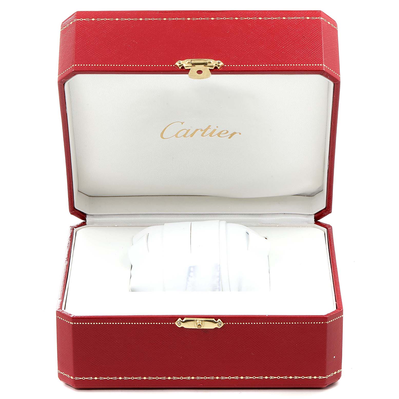 The image shows a Cartier Tank MC W5330003 Men's Stainless Steel Silver Dial W5330003 Men's Stainless Steel Silver Dial model watch box, partially open, revealing the watch pillow inside.