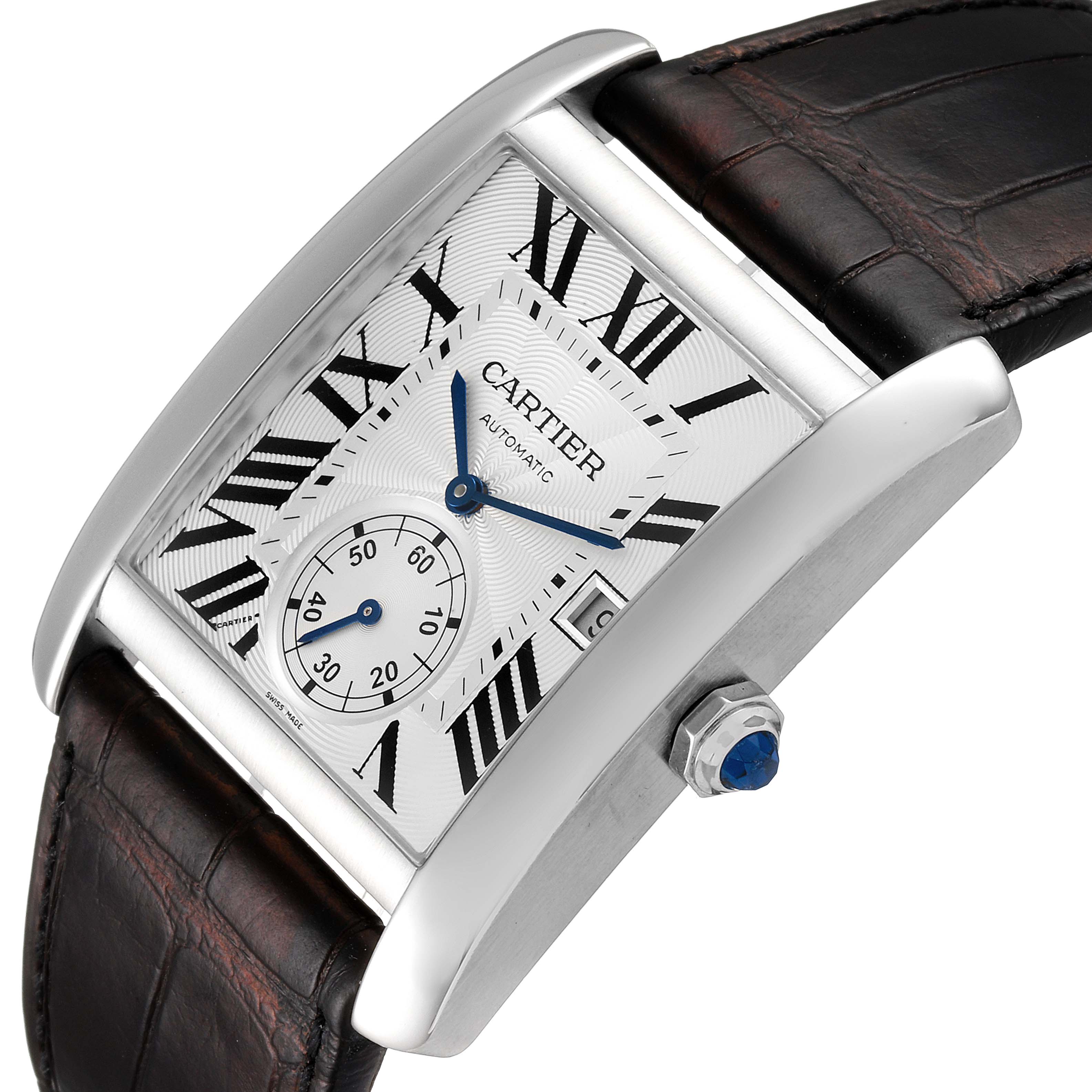 This image shows a Cartier Tank MC W5330003 Men's Stainless Steel Silver Dial W5330003 Men's Stainless Steel Silver Dial watch at a slight angle, highlighting the face, crown, and leather strap.