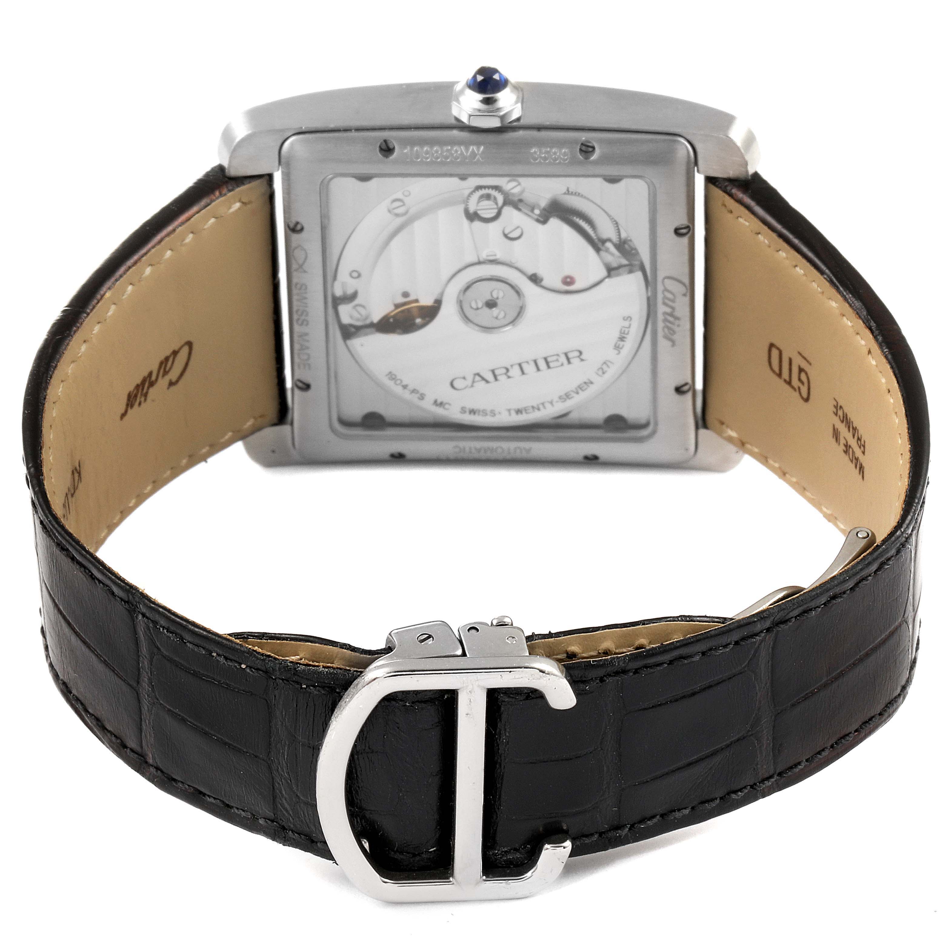 The image shows the back view of a Cartier Tank MC W5330003 Men's Stainless Steel Silver Dial W5330003 Men's Stainless Steel Silver Dial watch, highlighting the movement mechanism and the leather strap with a buckle.
