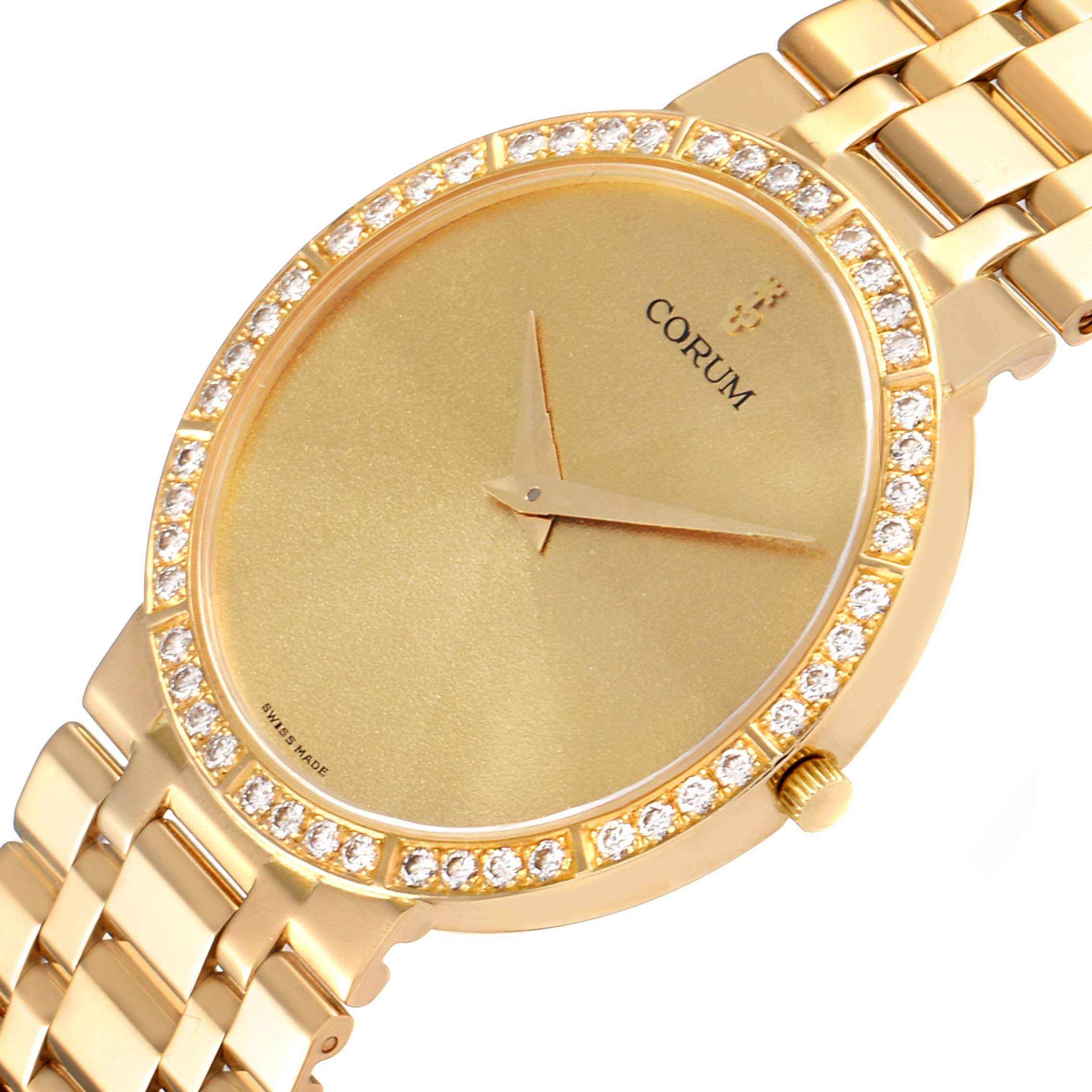 The image shows a close-up top angle of the Corum 50.128.65 H-041 Men's Yellow Gold Champagne Dial 50.128.65 H-041 Men's Yellow Gold Champagne Dial 18k Yellow Gold Prism Crystal Diamond 50.128.65 model men's watch, focusing on the face and part of the band.