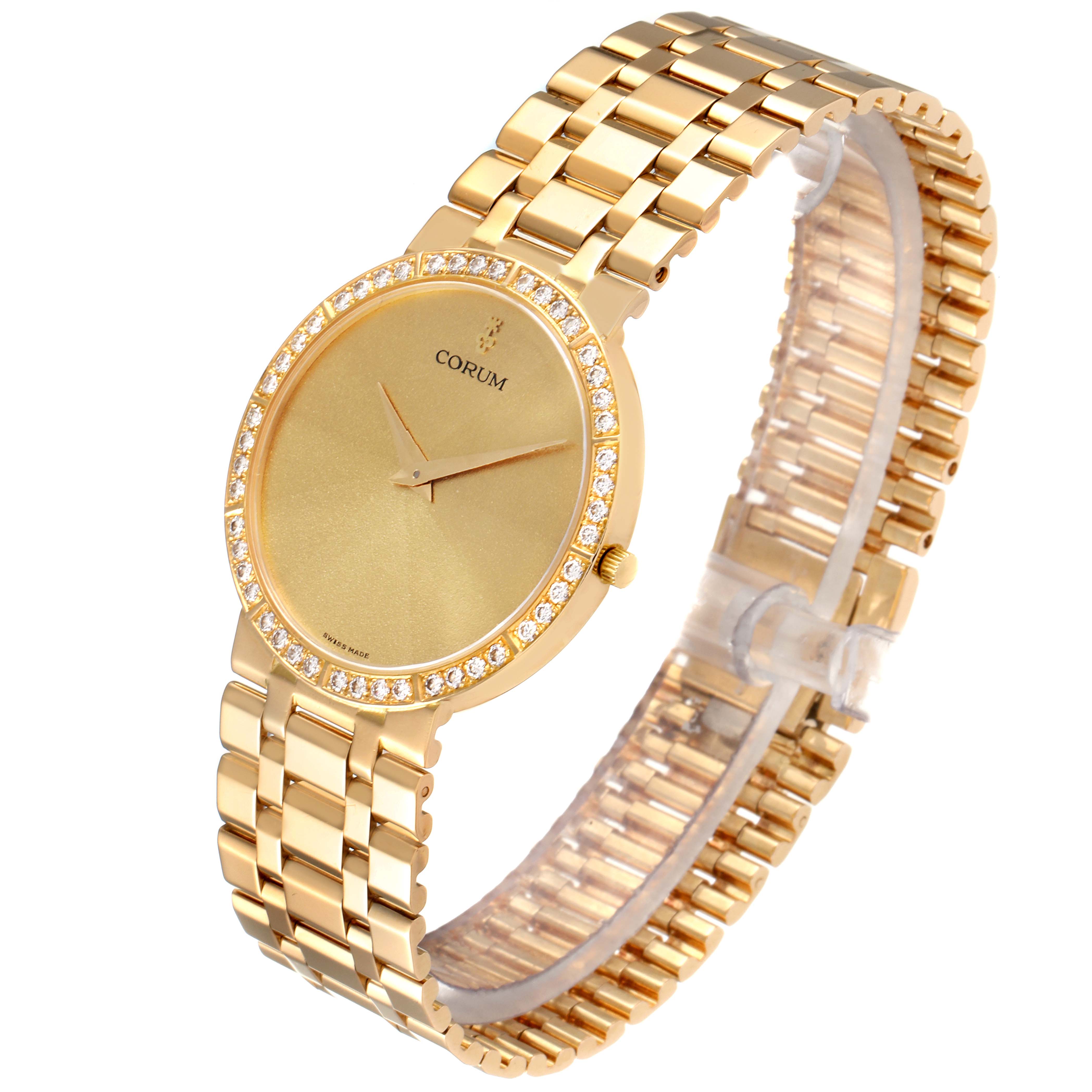 The 18k Yellow Gold Prism Crystal Diamond Mens Watch 50.128.65 by Corum 50.128.65 H-041 Men's Yellow Gold Champagne Dial 50.128.65 H-041 Men's Yellow Gold Champagne Dial is shown at a 3/4 angle displaying its face and band.