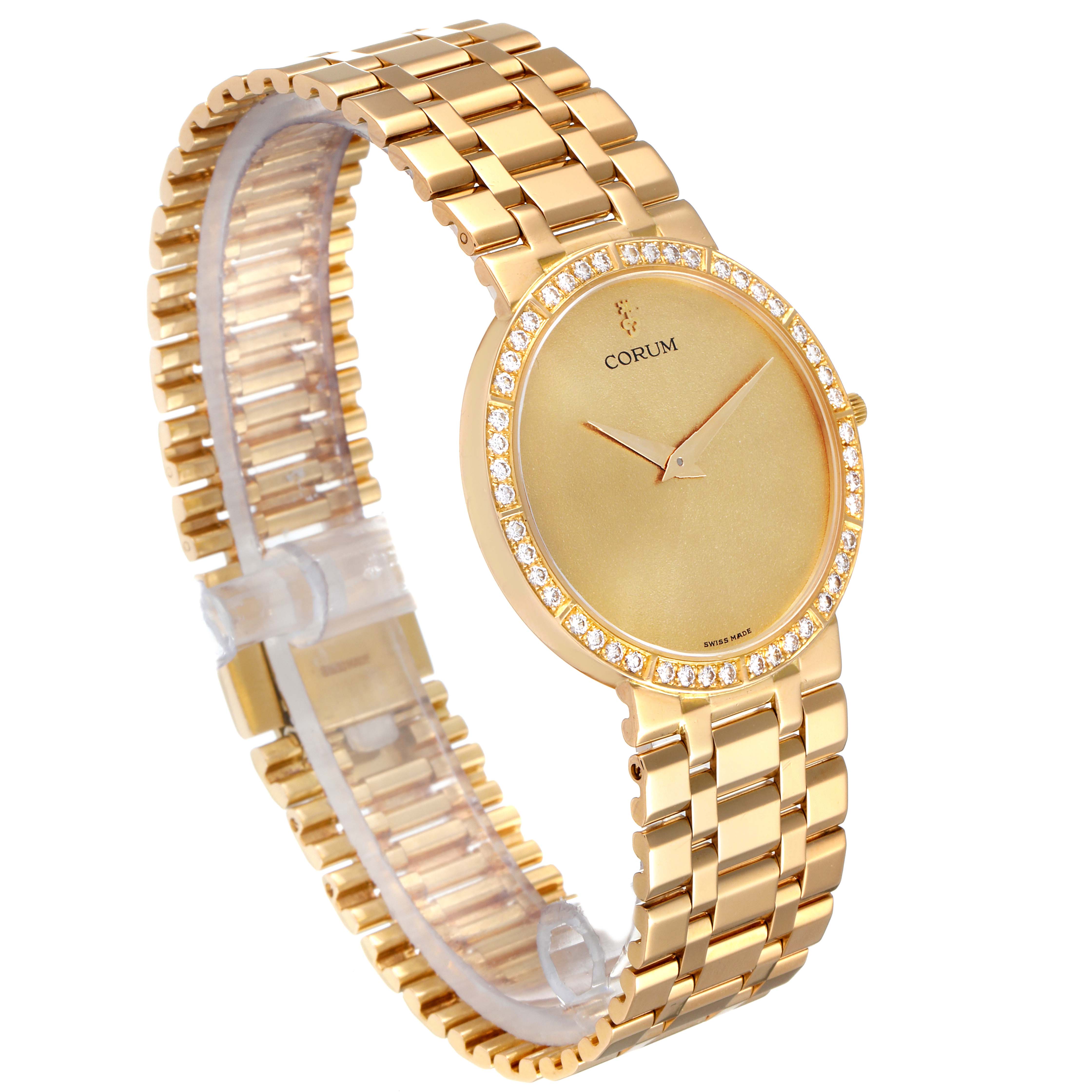 The Corum 50.128.65 H-041 Men's Yellow Gold Champagne Dial 50.128.65 H-041 Men's Yellow Gold Champagne Dial 50.128.65 model is shown at a three-quarter angle, highlighting its yellow gold bracelet and diamond-encrusted bezel.