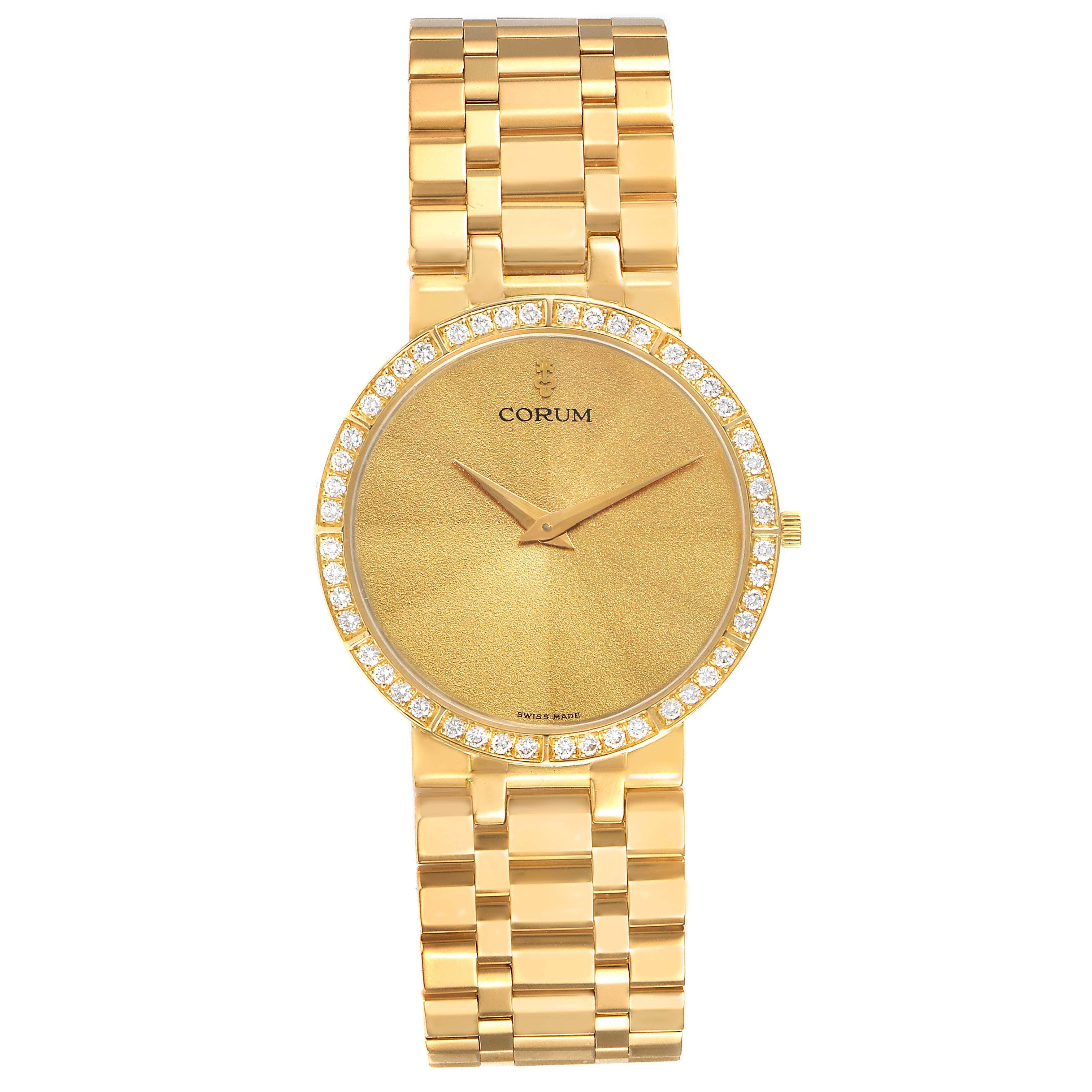 The Corum 50.128.65 H-041 Men's Yellow Gold Champagne Dial 50.128.65 H-041 Men's Yellow Gold Champagne Dial 18k Yellow Gold Prism Crystal Diamond Mens Watch model 50.128.65 is shown from the front, highlighting the face, bezel, and bracelet.