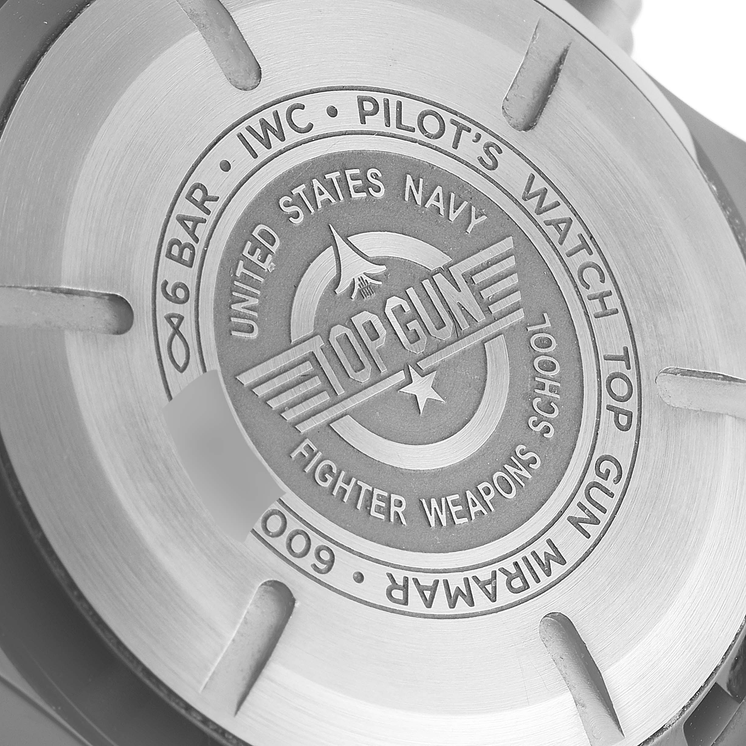 The image shows the back case of the IWC Pilot IW389002 Men's Ceramic Black Dial IW389002 Men's Ceramic Black Dial's Watch Top Gun model.