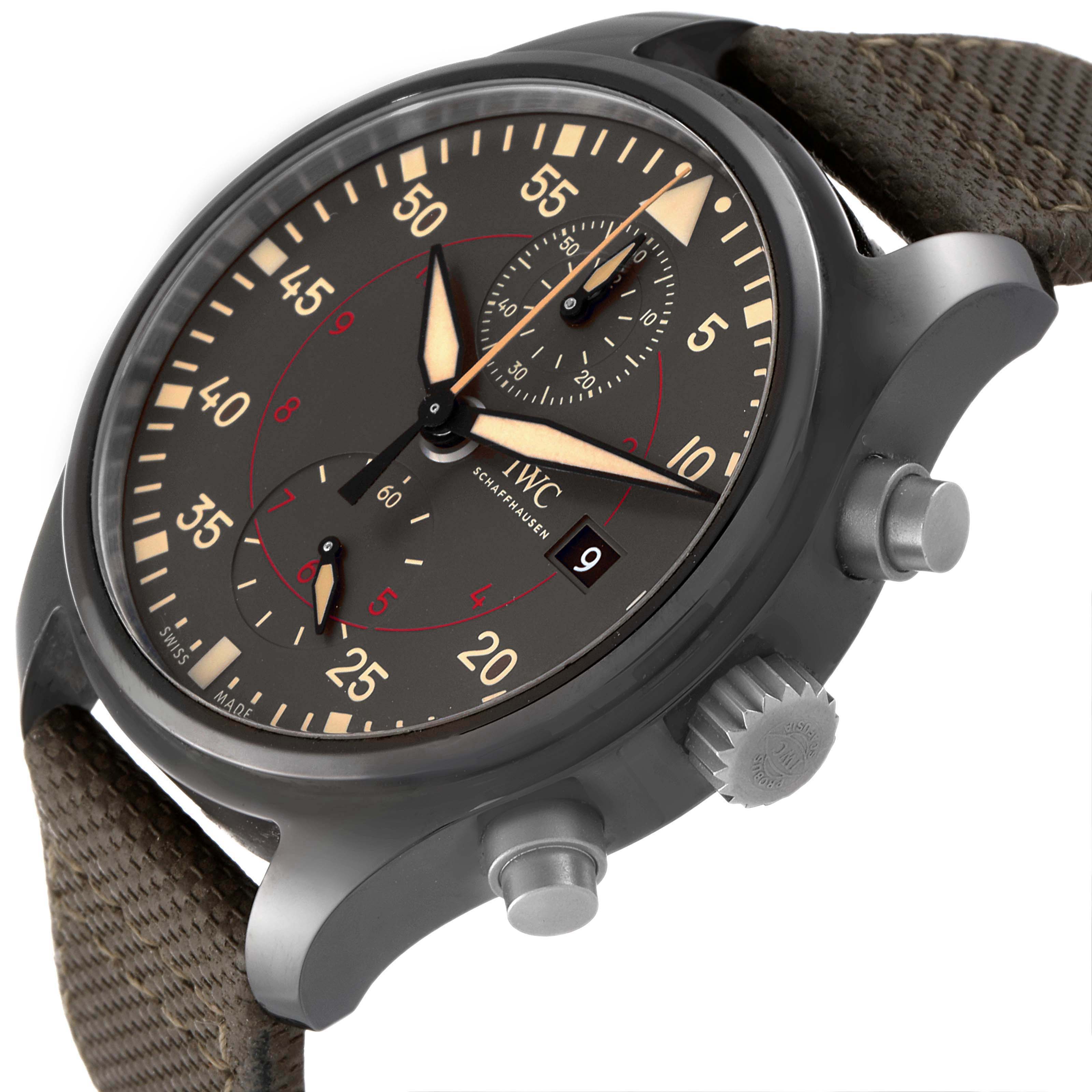 This image shows an angled view of the watch face, case, crown, and pushers of the IWC Pilot IW389002 Men's Ceramic Black Dial IW389002 Men's Ceramic Black Dial model.