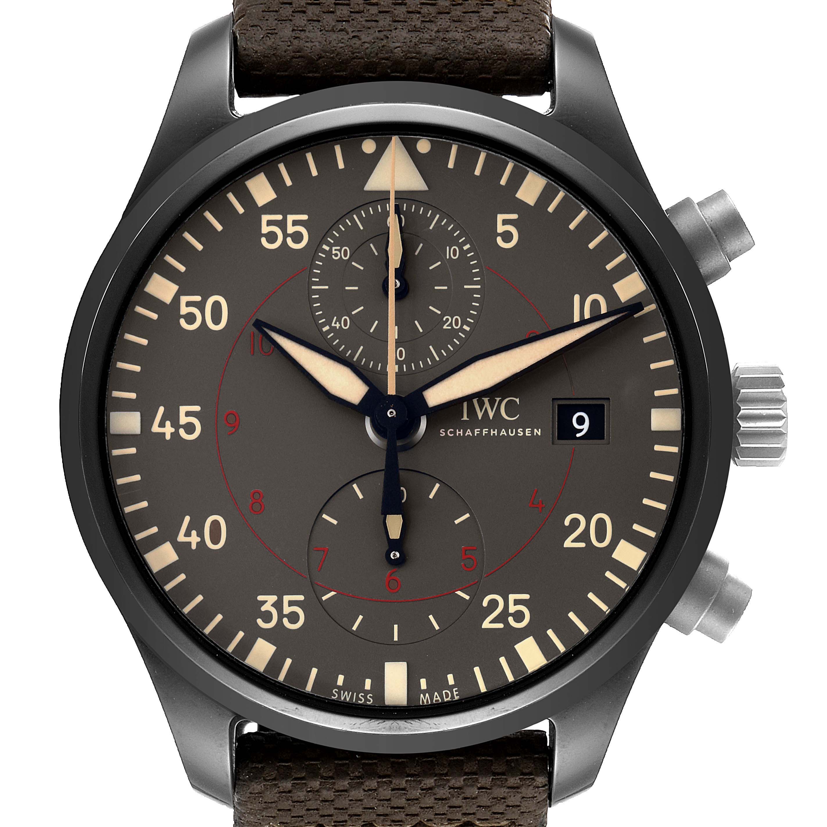 The image shows a front view of the IWC Pilot IW389002 Men's Ceramic Black Dial IW389002 Men's Ceramic Black Dial model, displaying the watch face, crown, and pushers.