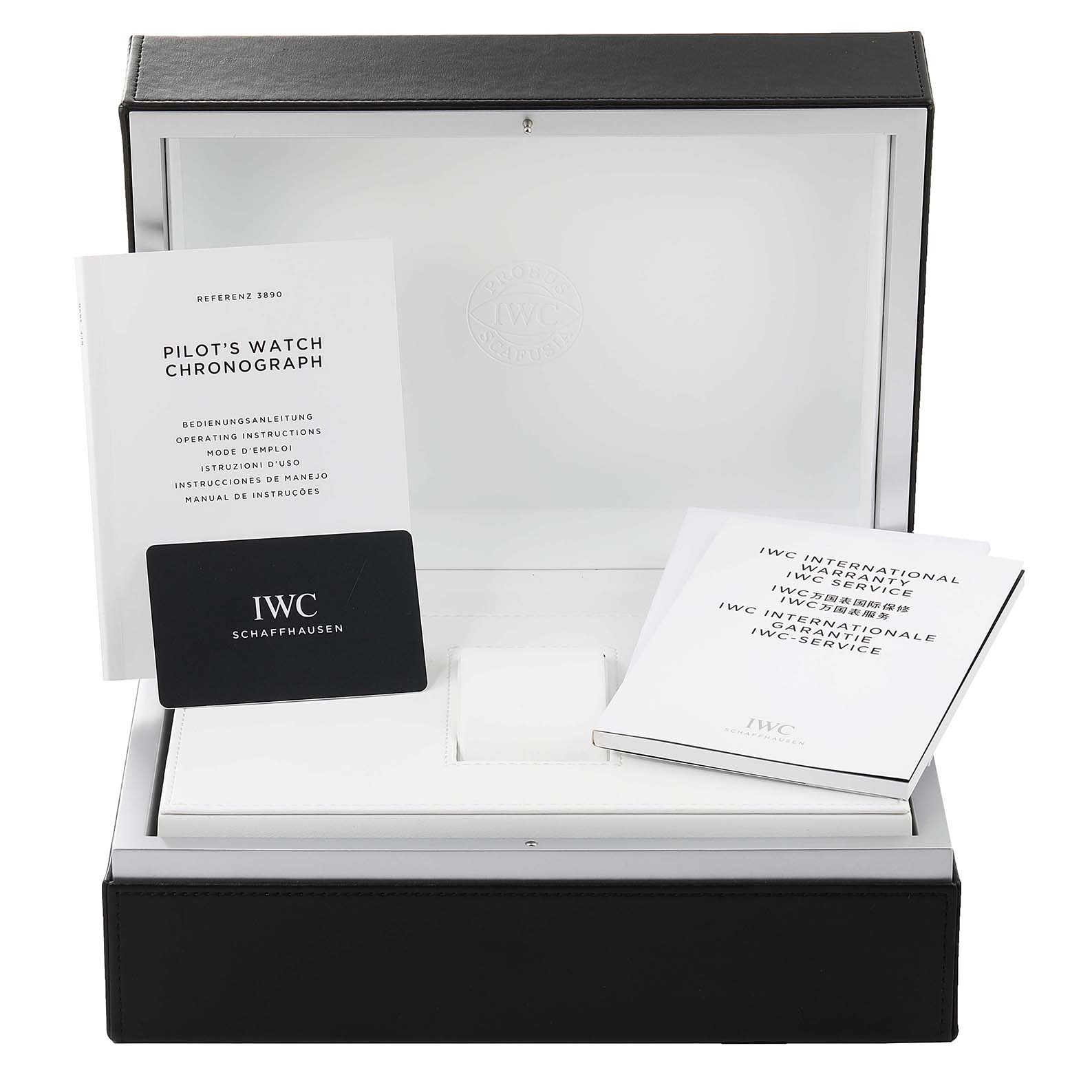 The image shows the IWC Pilot IW389002 Men's Ceramic Black Dial IW389002 Men's Ceramic Black Dial model watch box, including operating instructions and warranty documents, viewed from above.