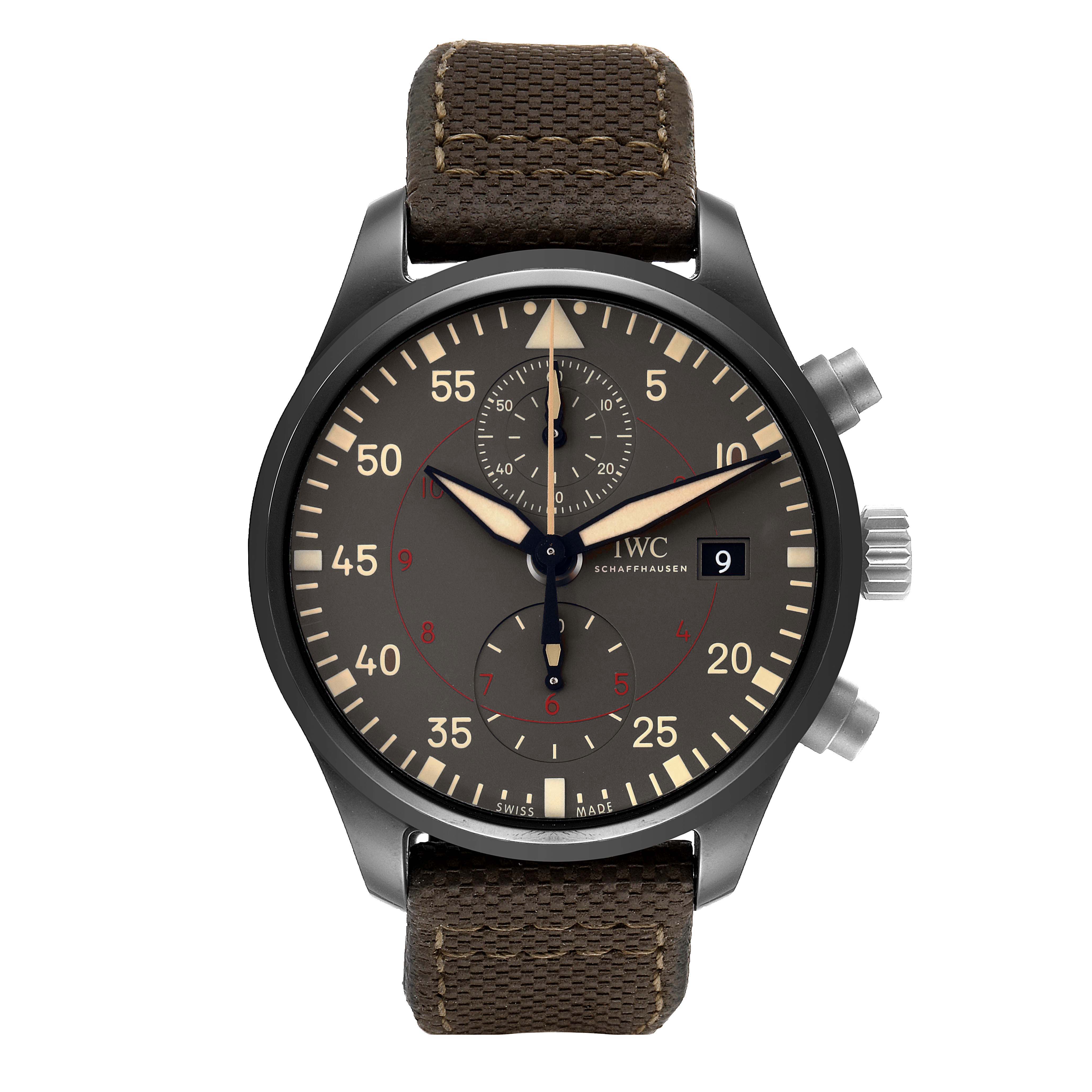 The image shows a front view of an IWC Pilot IW389002 Men's Ceramic Black Dial IW389002 Men's Ceramic Black Dial model watch with its face, hands, strap, and side pushers clearly visible.