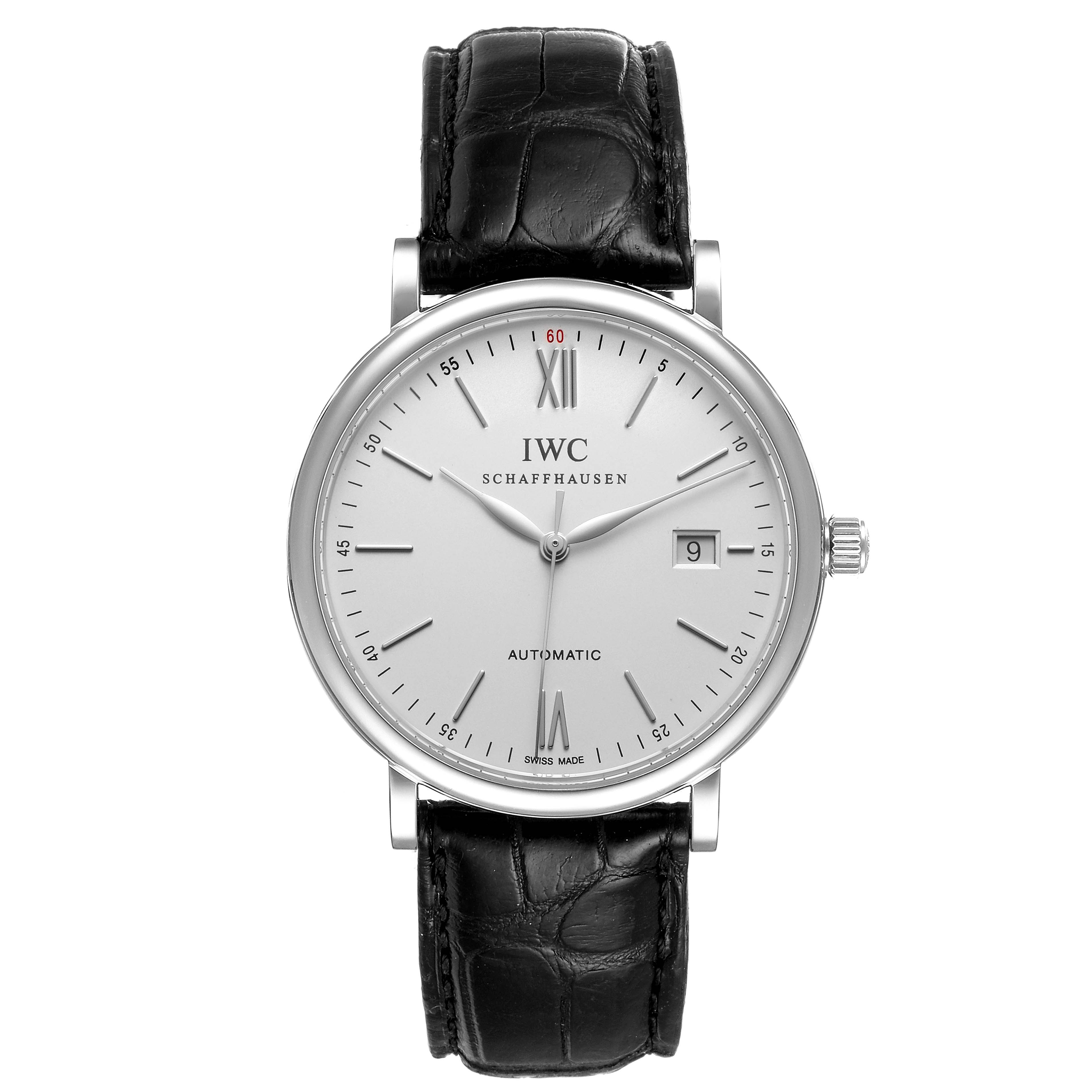 The IWC Portofino IW356501 Men's Stainless Steel Silver Dial IW356501 Men's Stainless Steel Silver Dial watch is shown from the front, displaying its face, black leather strap, and crown.