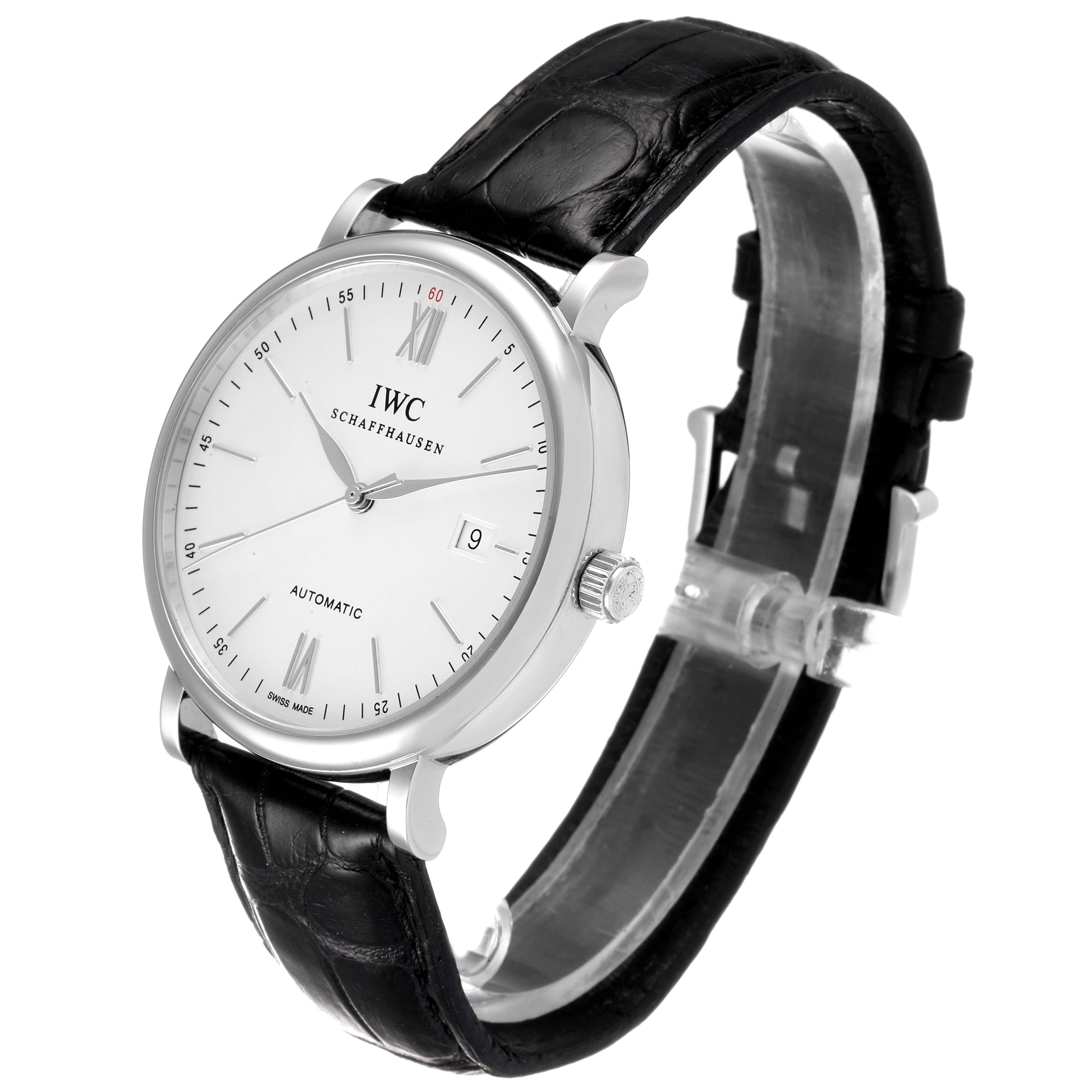 This IWC Portofino IW356501 Men's Stainless Steel Silver Dial IW356501 Men's Stainless Steel Silver Dial watch is shown at an angle highlighting the face, crown, and black leather strap.