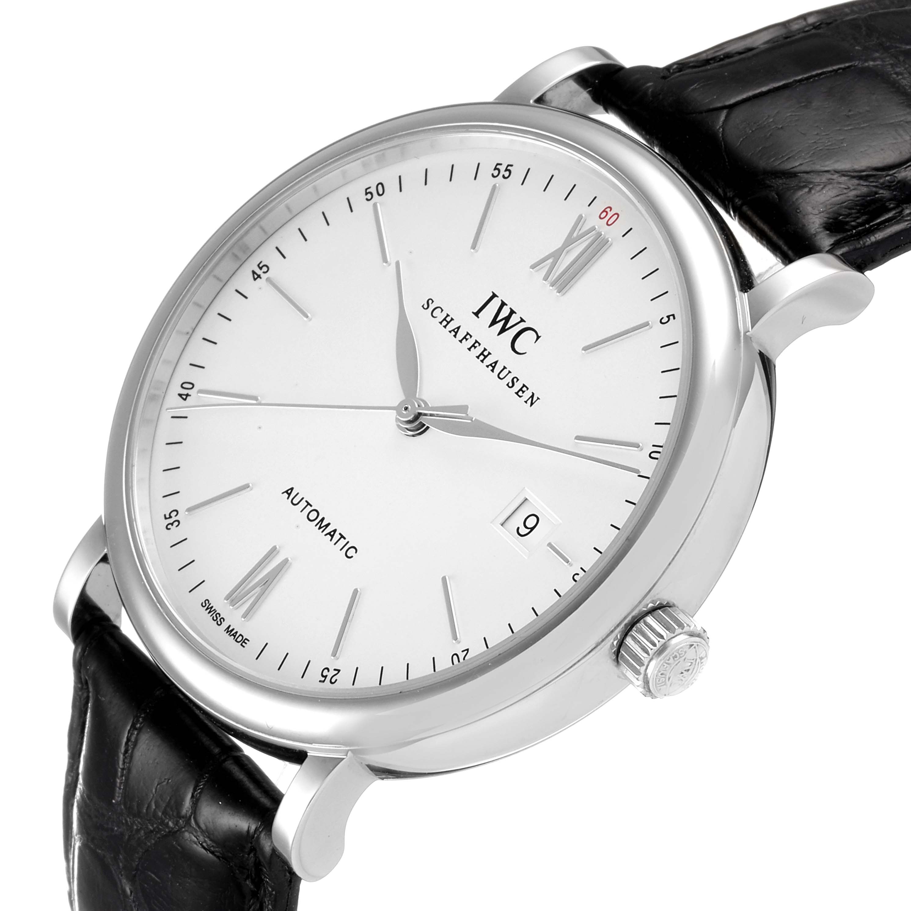 This IWC Portofino IW356501 Men's Stainless Steel Silver Dial IW356501 Men's Stainless Steel Silver Dial watch is shown at an angled view, displaying its face, crown, and black leather strap.