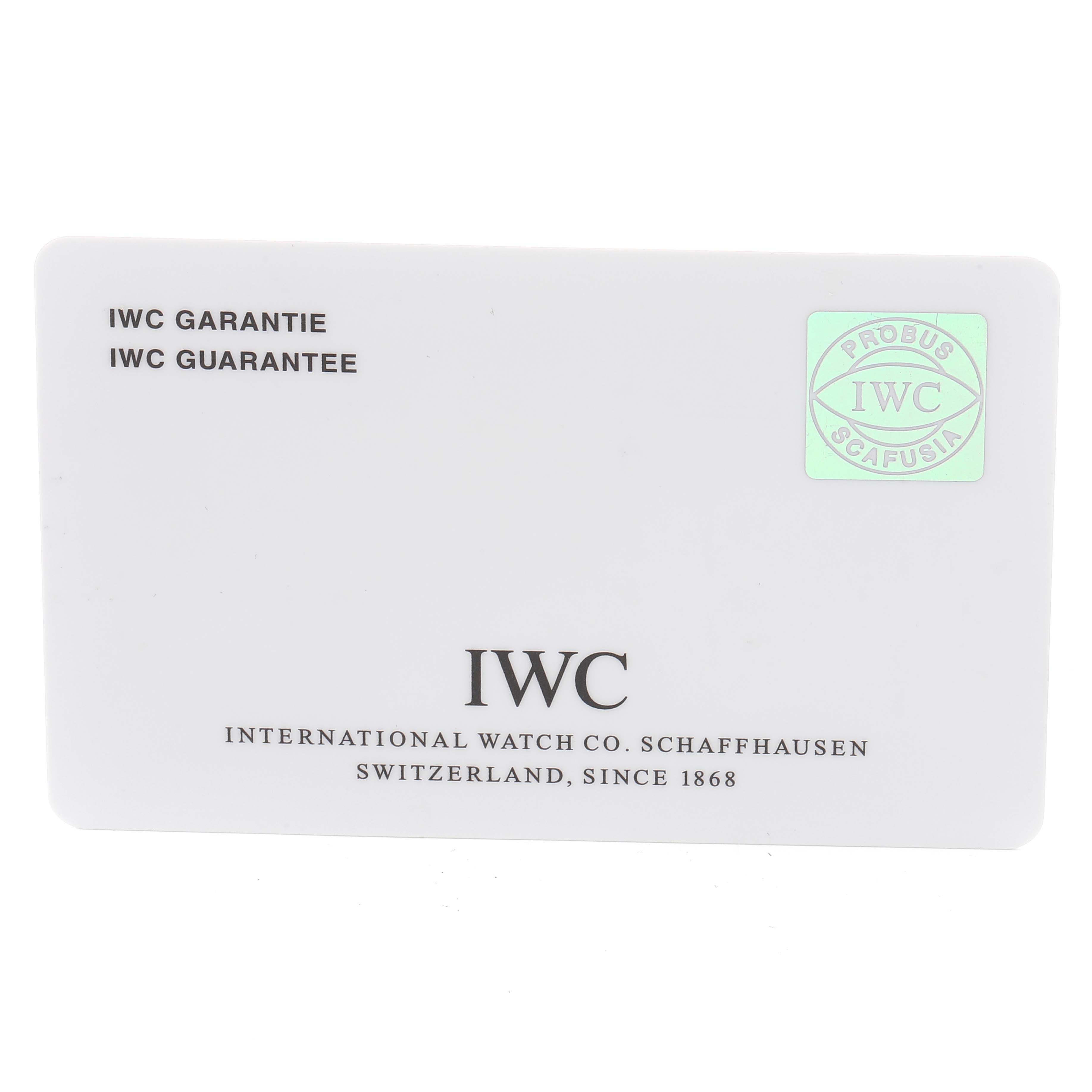 This image shows the warranty card for the IWC Portofino IW356501 Men's Stainless Steel Silver Dial IW356501 Men's Stainless Steel Silver Dial watch model.