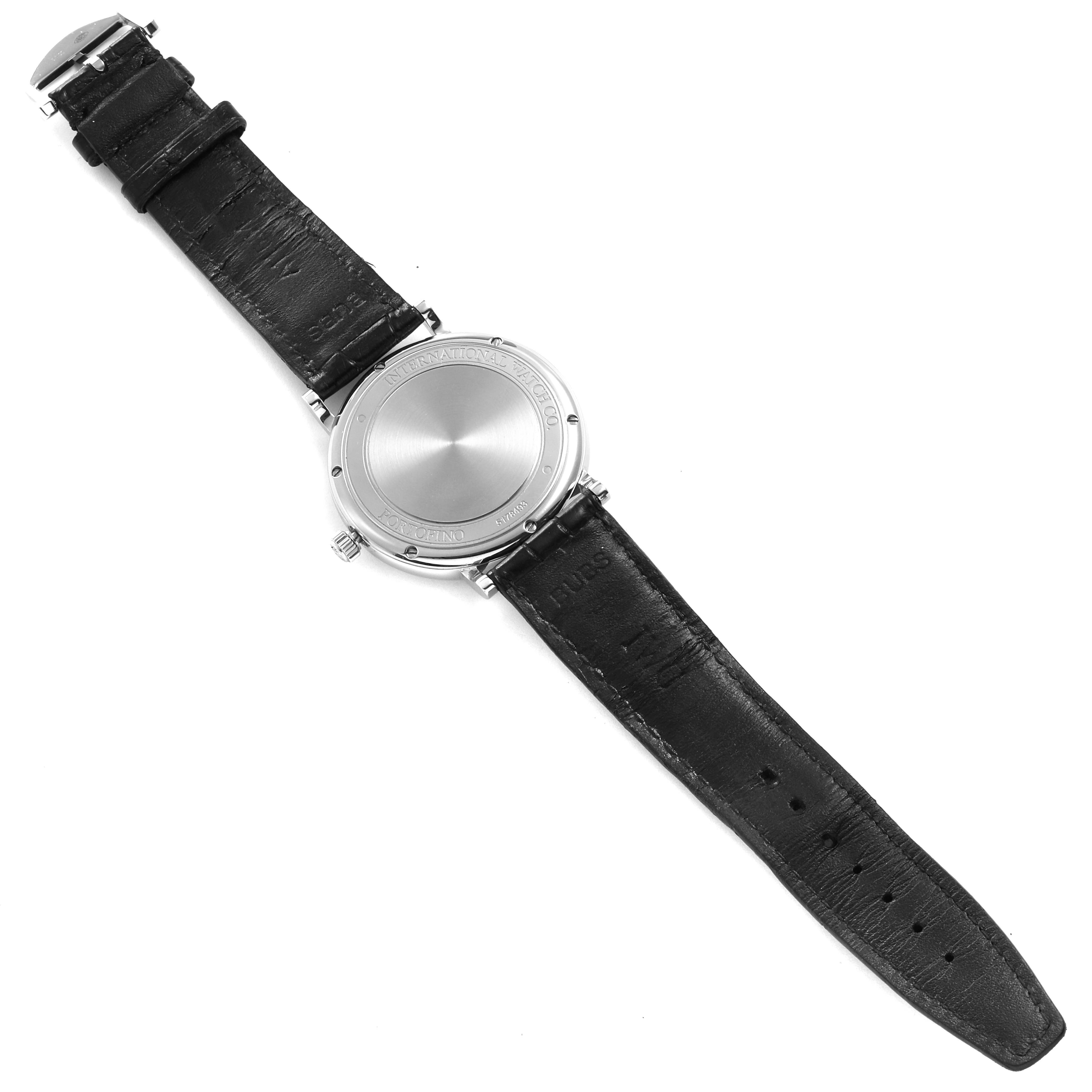 This image shows the back view of an IWC Portofino IW356501 Men's Stainless Steel Silver Dial IW356501 Men's Stainless Steel Silver Dial watch, displaying its case back and black leather strap.