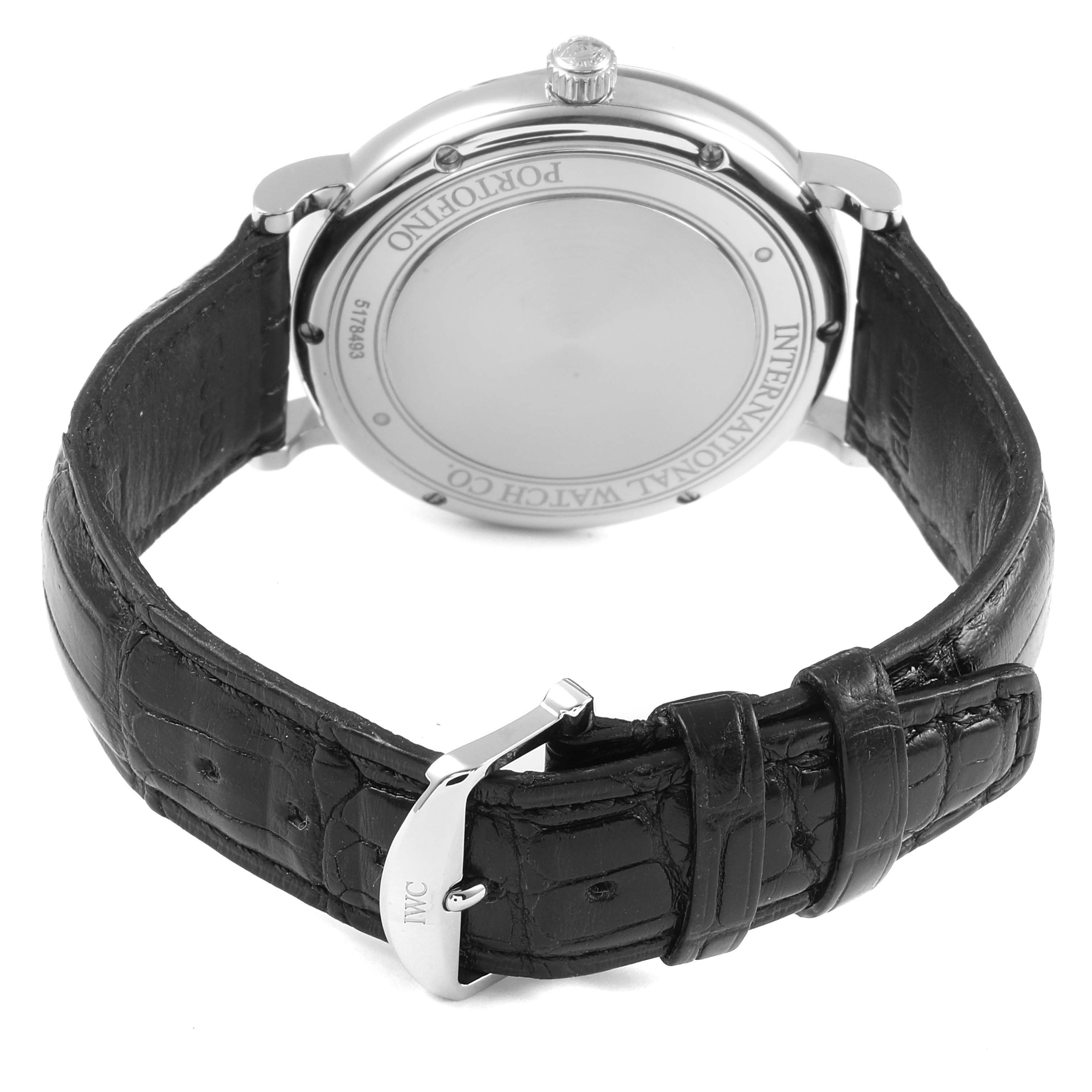 The image shows the back of an IWC Portofino IW356501 Men's Stainless Steel Silver Dial IW356501 Men's Stainless Steel Silver Dial watch, highlighting the case back, crown, and leather strap.