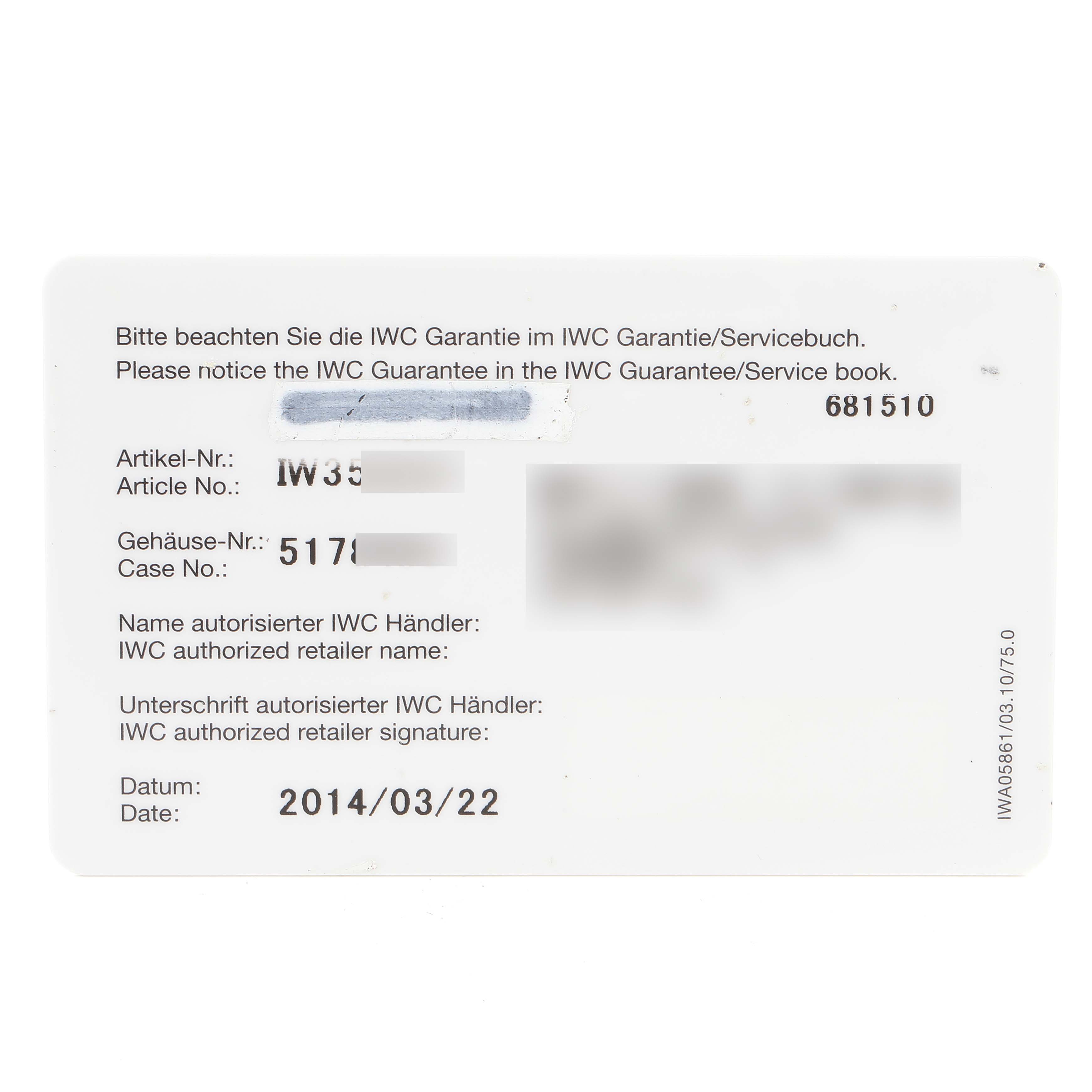 This image shows the guarantee/authentication card for the Portofino model by IWC, displaying various details like article and case numbers.