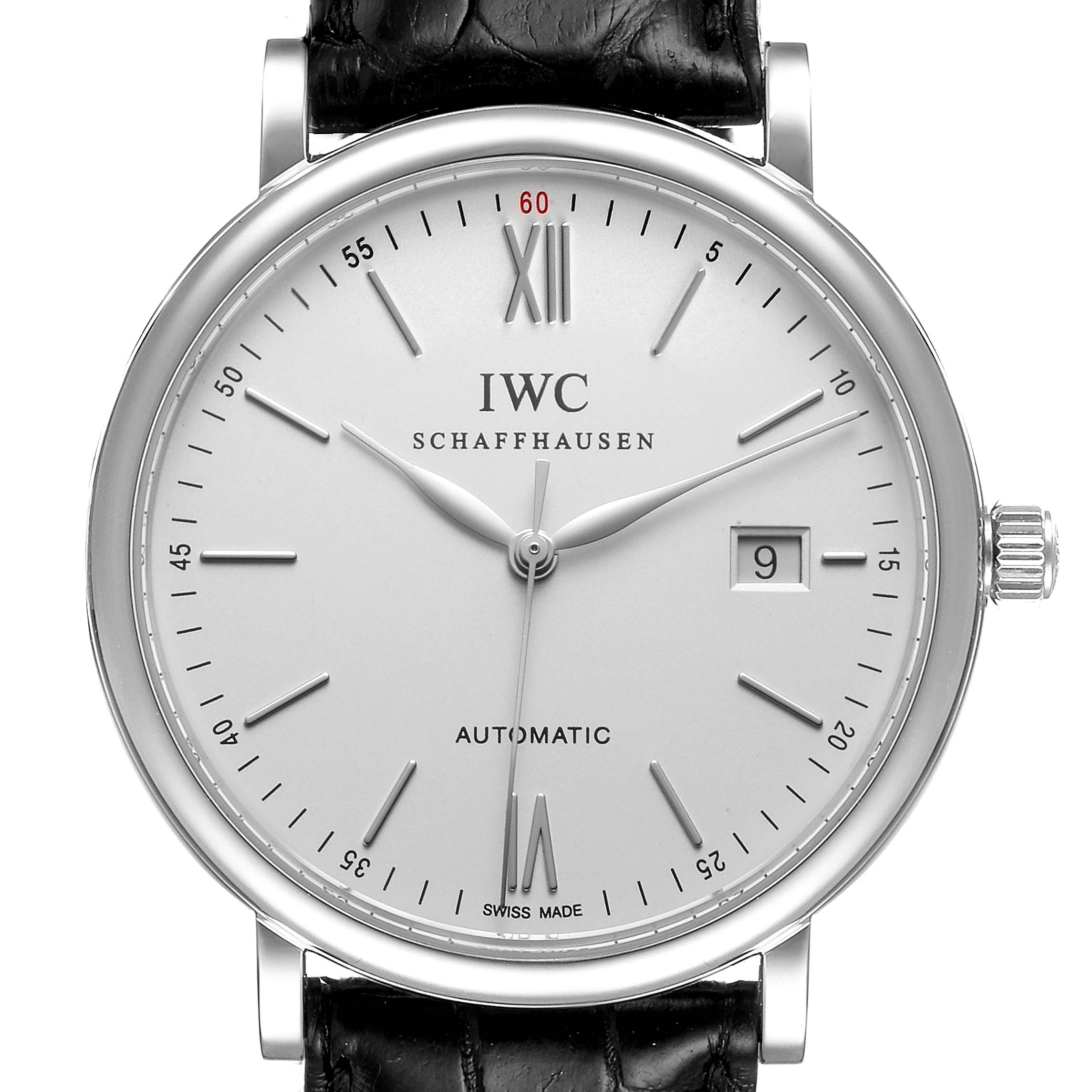 The image shows a front view of the IWC Portofino IW356501 Men's Stainless Steel Silver Dial IW356501 Men's Stainless Steel Silver Dial watch, displaying the dial, hands, date window, and part of the black leather strap.