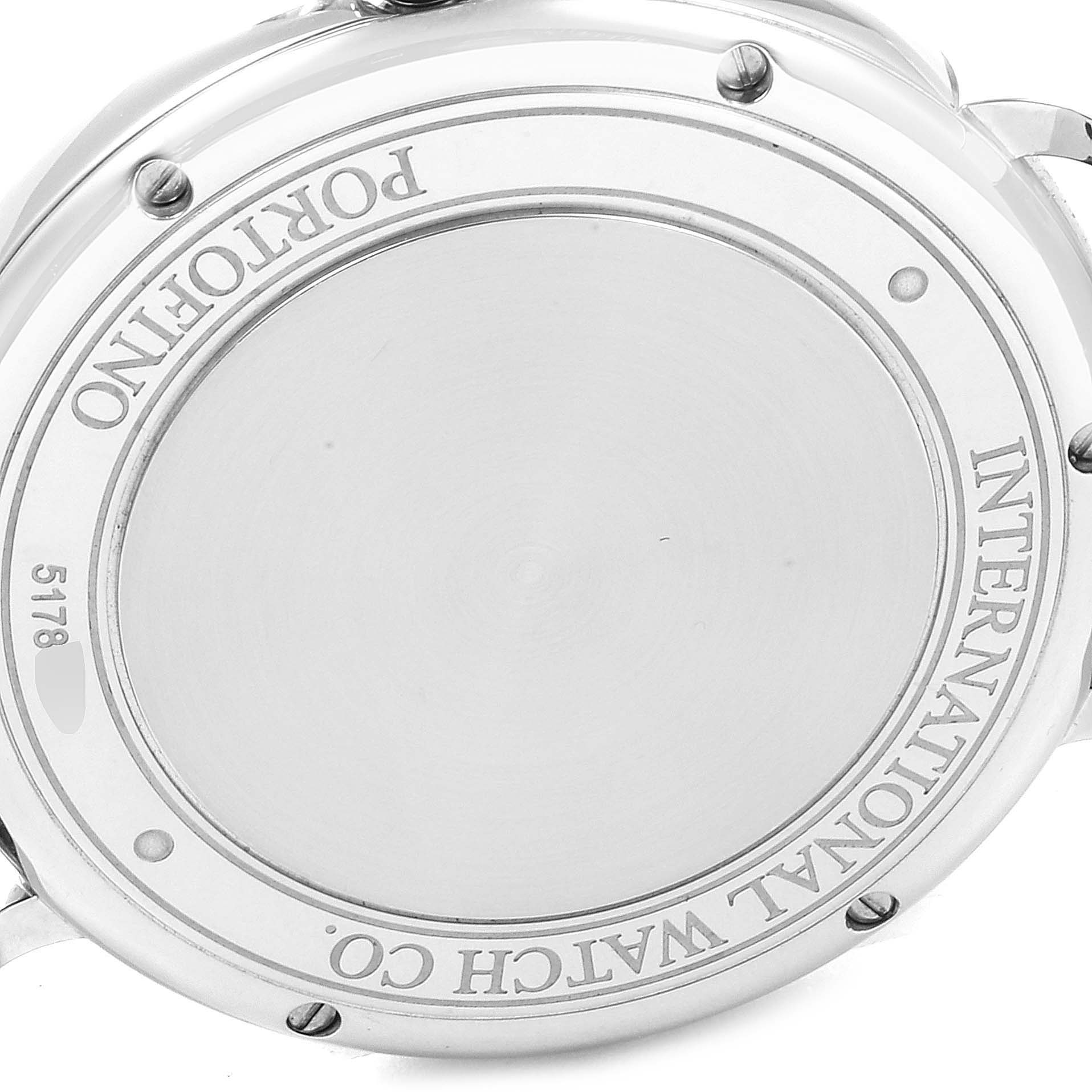 This image shows the back case of an IWC Portofino IW356501 Men's Stainless Steel Silver Dial IW356501 Men's Stainless Steel Silver Dial watch, highlighting branding and model engraving.