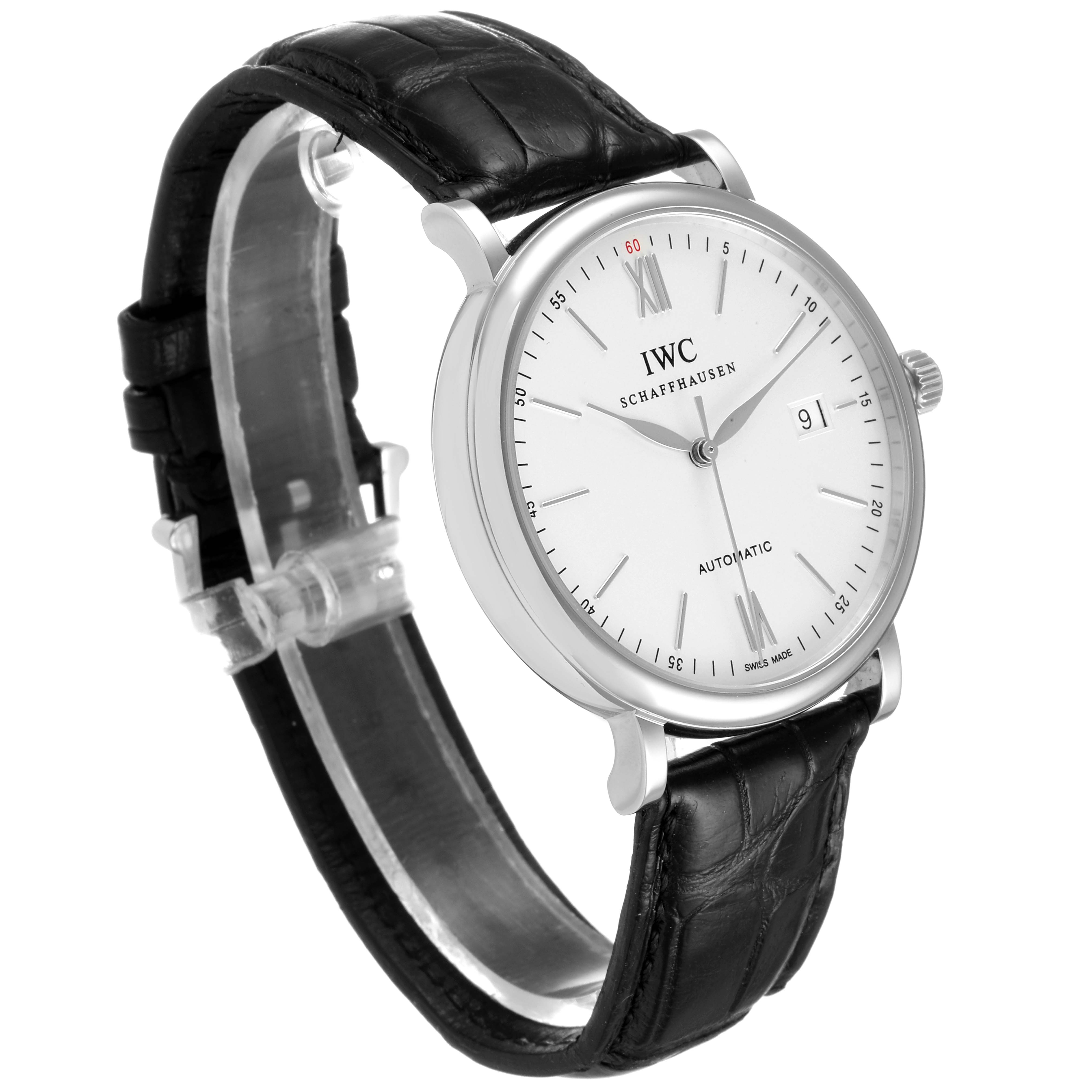The image shows a side angle of an IWC Portofino IW356501 Men's Stainless Steel Silver Dial IW356501 Men's Stainless Steel Silver Dial watch, highlighting its white dial, black leather strap, and crown.