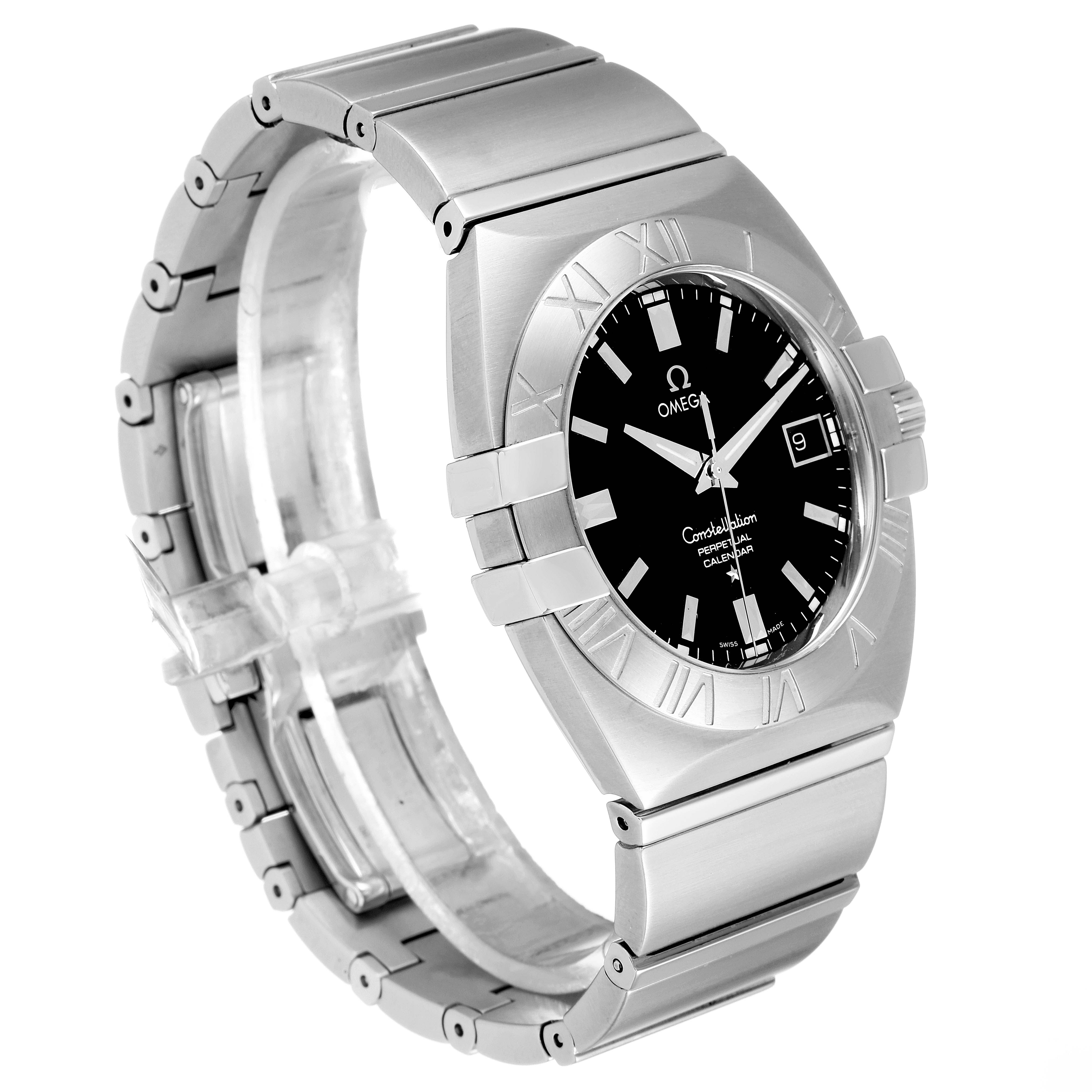 The image shows a side-angle view of the Omega Constellation 1513.51.00 Men's Stainless Steel Black Dial 1513.51.00 Men's Stainless Steel Black Dial watch, highlighting its band, case, dial, and crown.