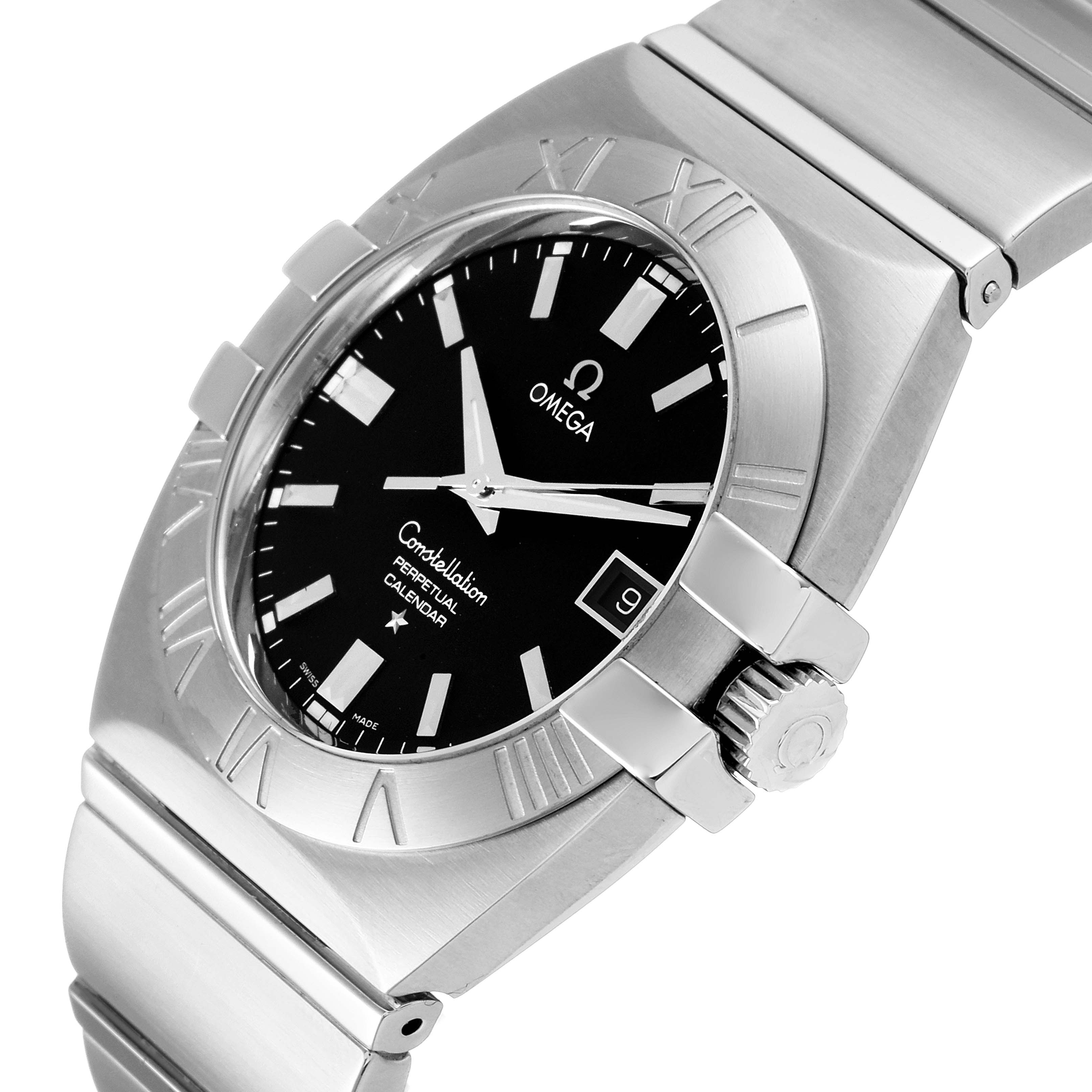 The Omega Constellation 1513.51.00 Men's Stainless Steel Black Dial 1513.51.00 Men's Stainless Steel Black Dial watch is shown at an angled close-up, highlighting its face, bezel, crown, and part of the bracelet.