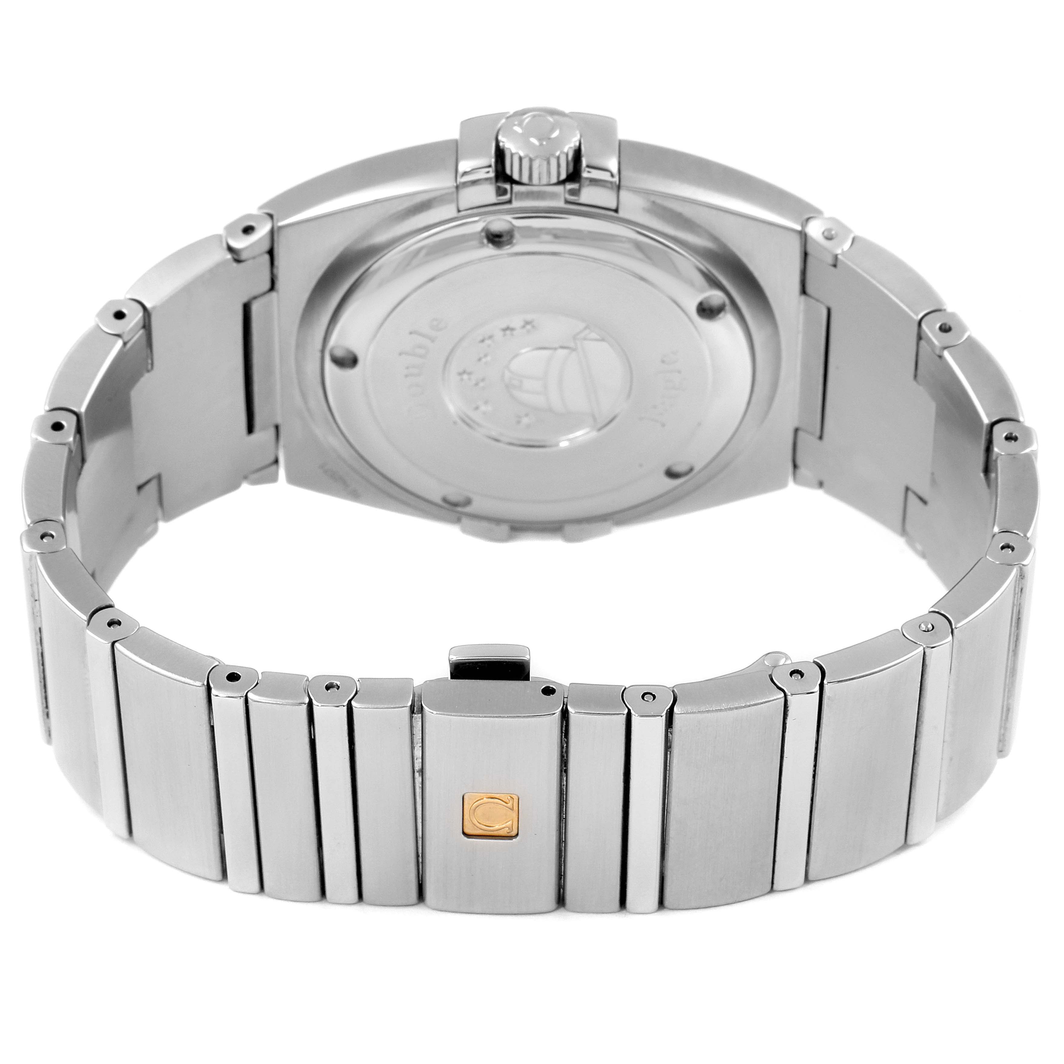 The image shows the back of an Omega Constellation 1513.51.00 Men's Stainless Steel Black Dial 1513.51.00 Men's Stainless Steel Black Dial watch, highlighting the bracelet, clasp, and case back.