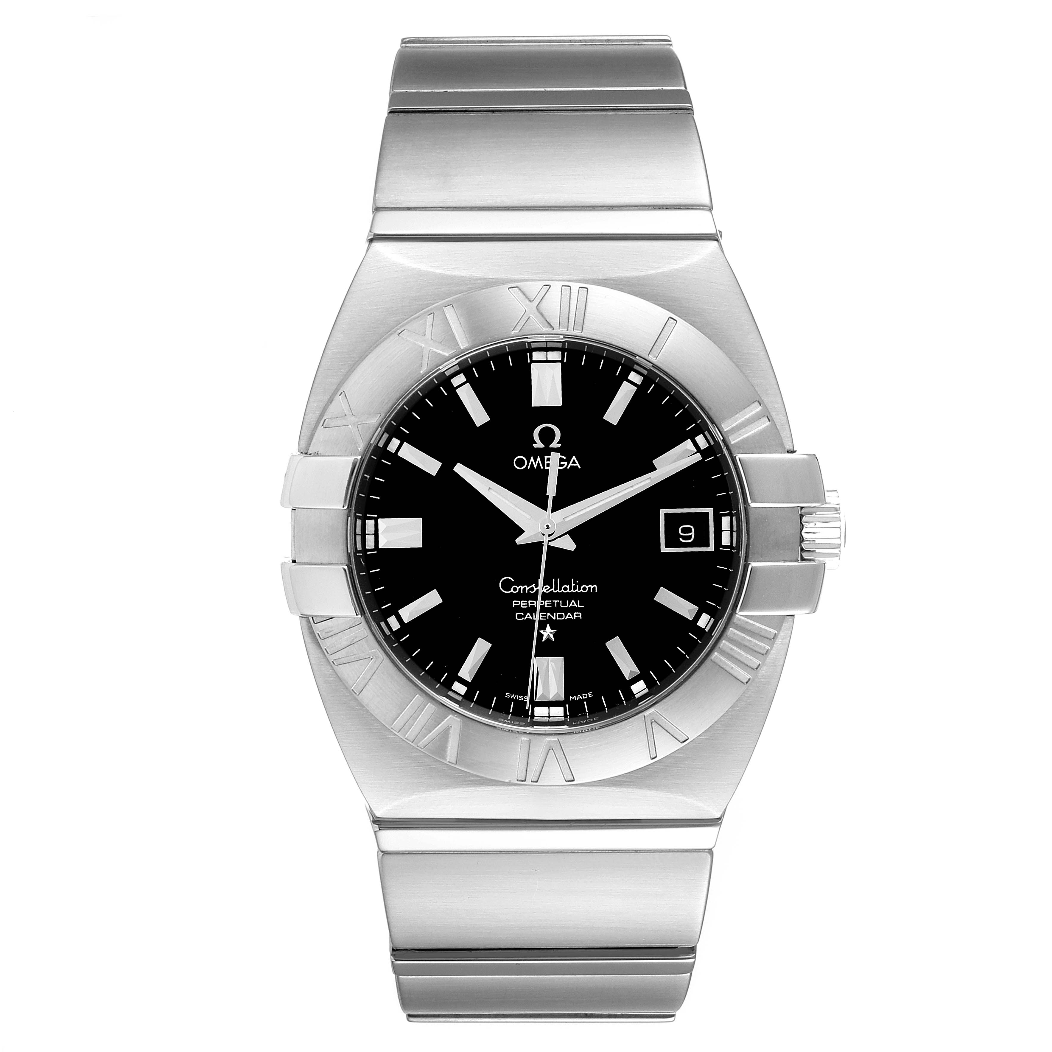 The image shows a front view of an Omega Constellation 1513.51.00 Men's Stainless Steel Black Dial 1513.51.00 Men's Stainless Steel Black Dial watch, highlighting the face, bezel, and part of the bracelet.
